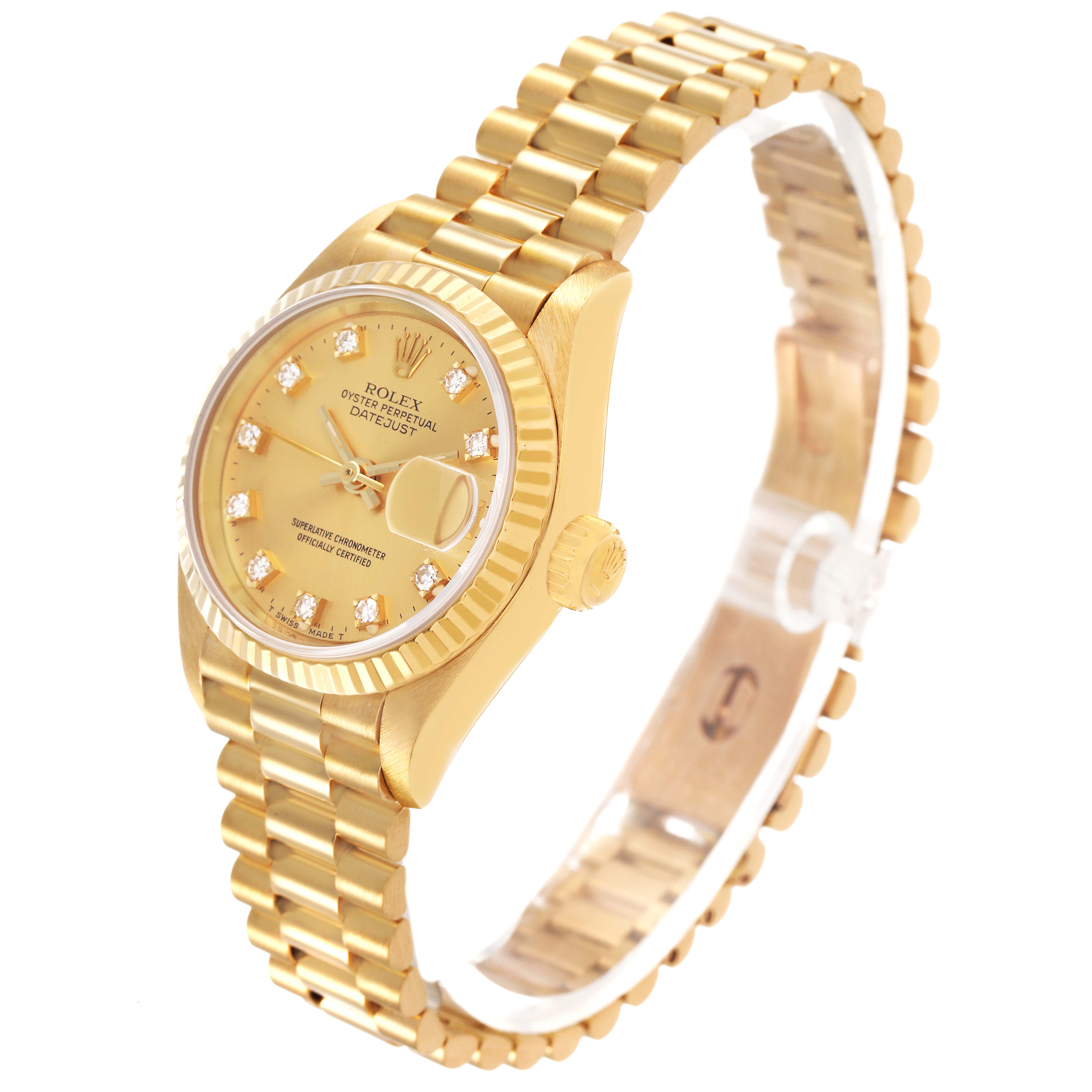 The Rolex Datejust 69178 Women's Yellow Gold Champagne Dial watch is shown at a three-quarter angle, displaying the gold bracelet, dial, crown, and fluted bezel.