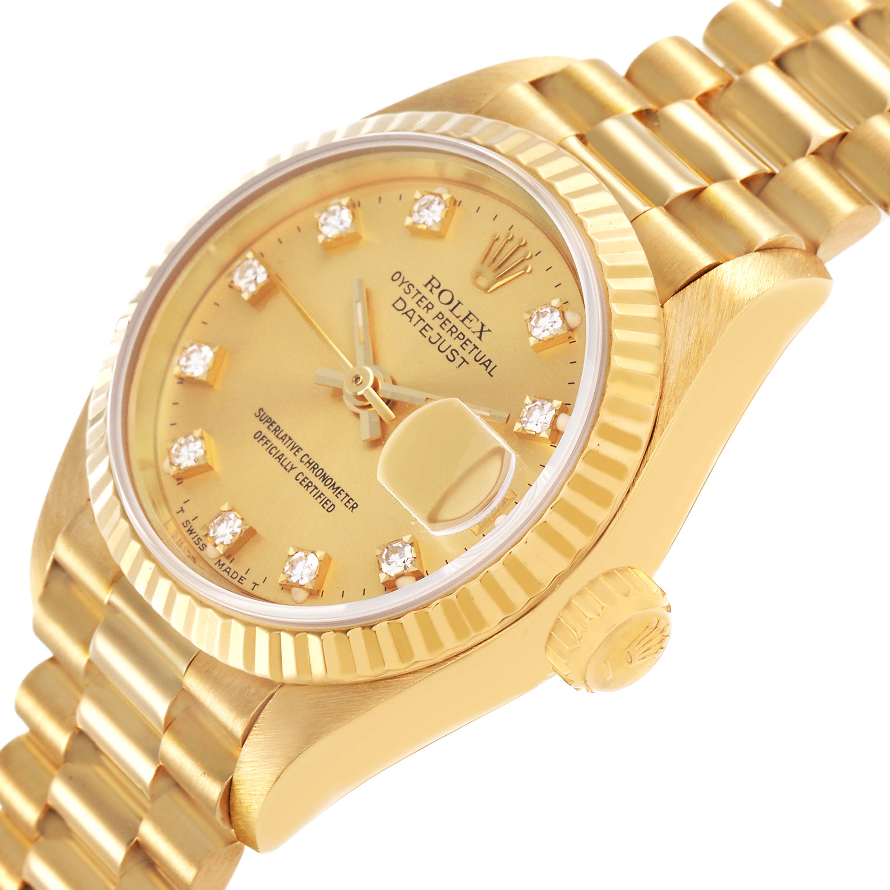 The Rolex Datejust 69178 Women's Yellow Gold Champagne Dial watch is shown from a slightly angled side view, highlighting its gold case, fluted bezel, and diamond hour markers.