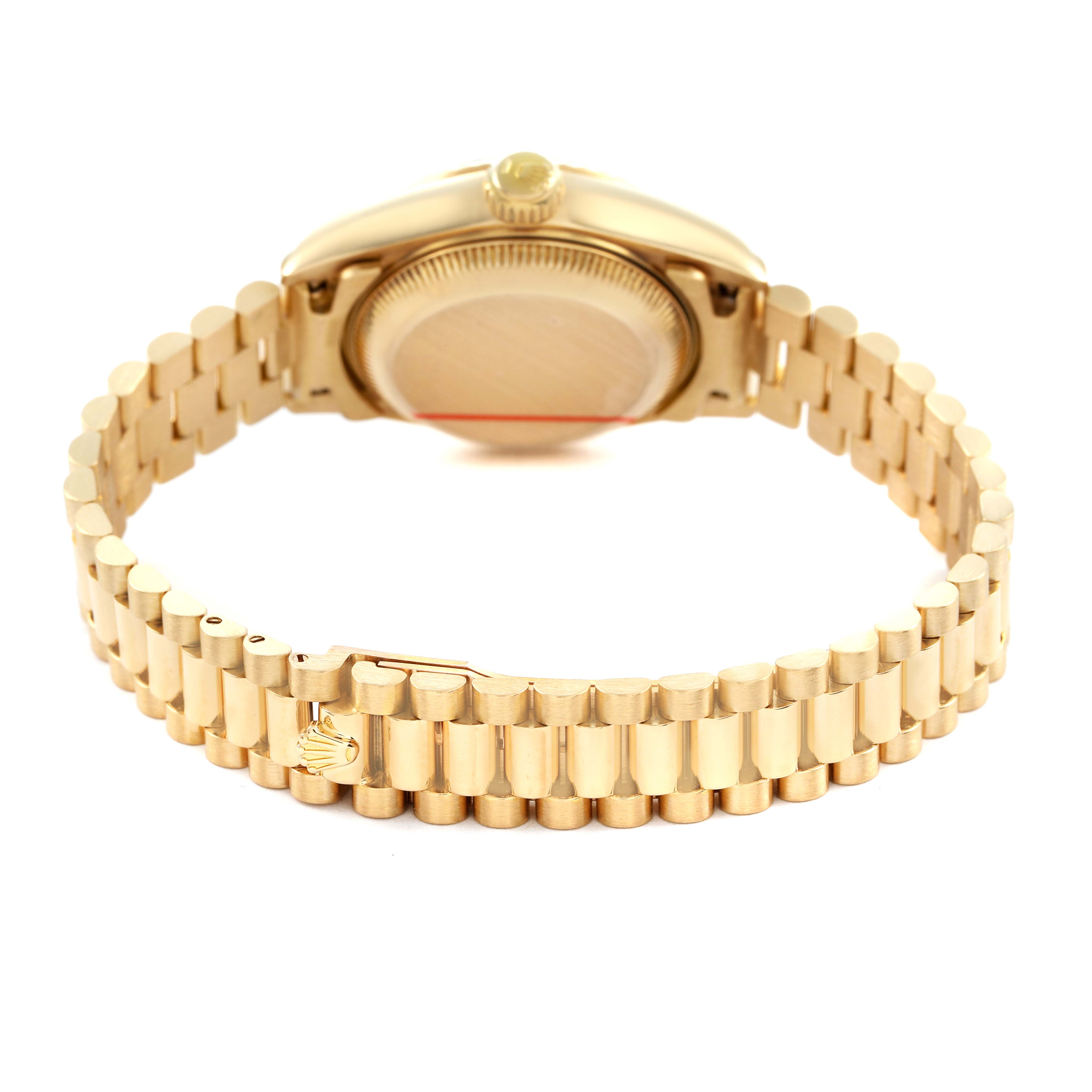 This image shows the back and bracelet of a Rolex Datejust 69178 Women's Yellow Gold Champagne Dial watch, highlighting the clasp and the case back in gold.
