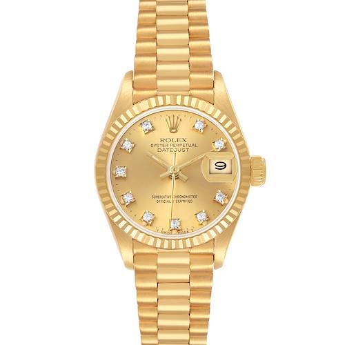 The Rolex Datejust 69178 Women's Yellow Gold Champagne Dial watch is shown from the front, displaying its gold dial, fluted bezel, bracelet, and date window.