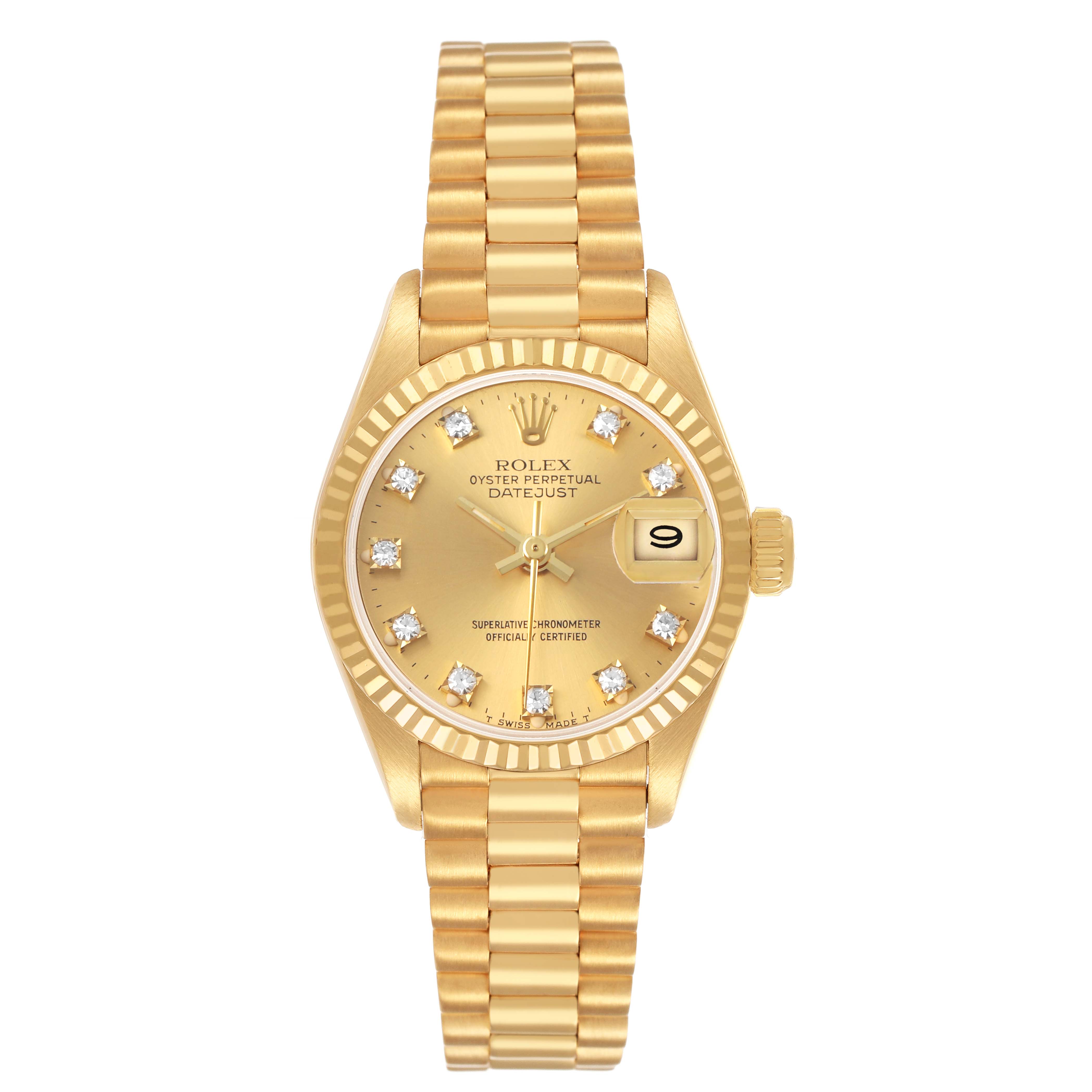 The Rolex Datejust 69178 Women's Yellow Gold Champagne Dial watch is shown from a front view, displaying the dial, bezel, bracelet, and date window.