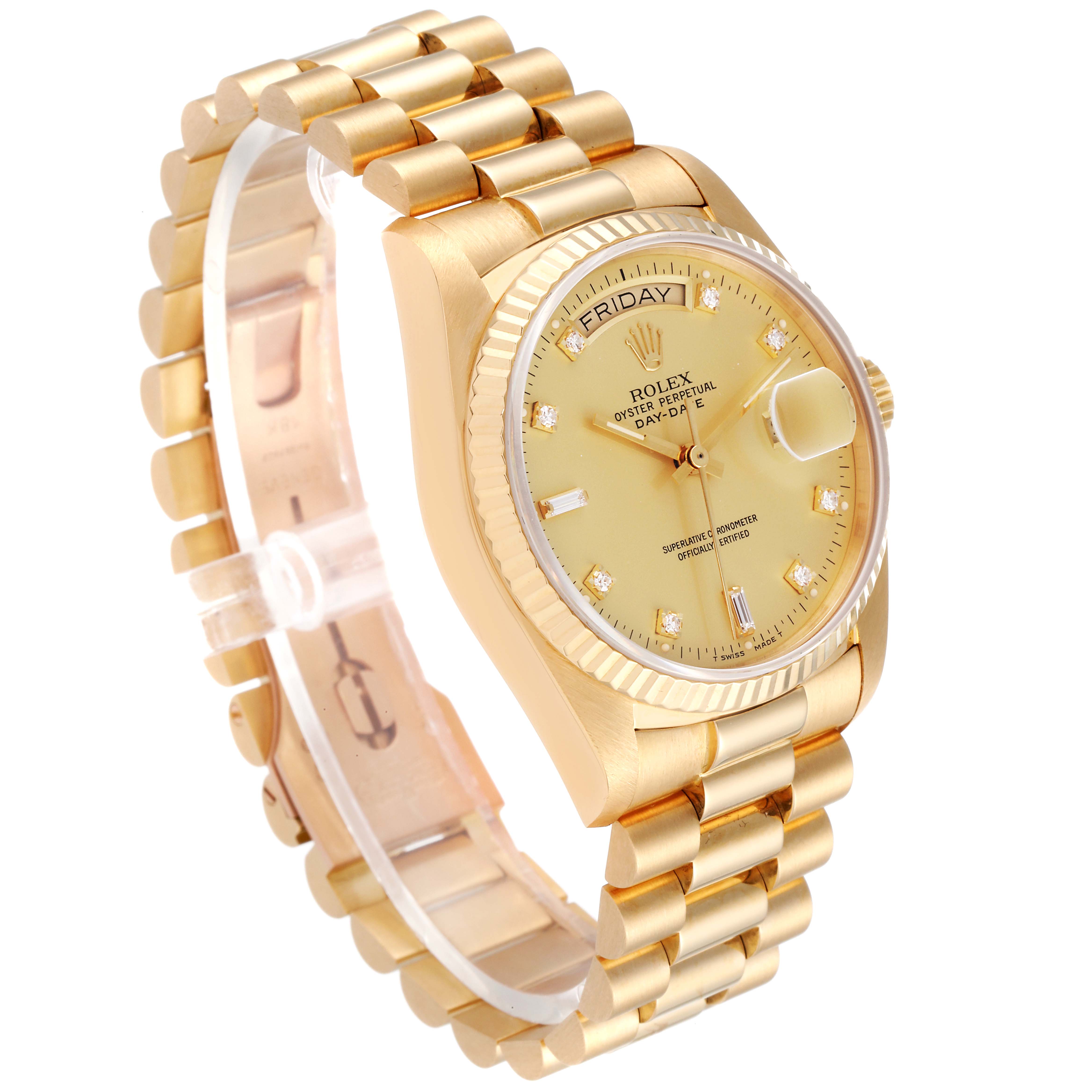 The image shows a Rolex President 18038 Men's Yellow Gold Champagne Dial 18038 Men's Yellow Gold Champagne Dial model watch from an oblique angle, highlighting the bracelet, case, and dial.