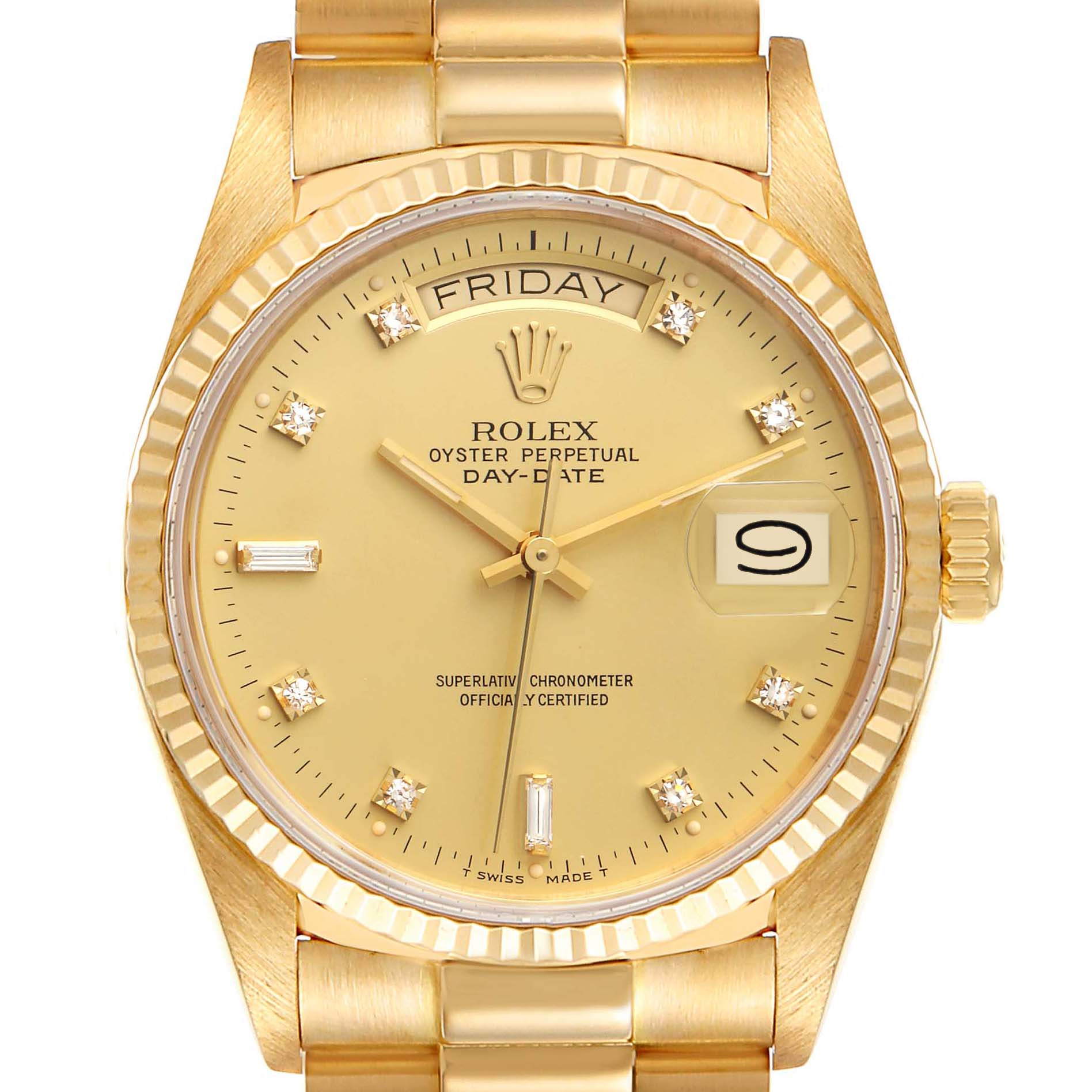 The Rolex President 18038 Men's Yellow Gold Champagne Dial 18038 Men's Yellow Gold Champagne Dial model watch is shown from the front, displaying its dial, markers, hands, day, and date functions.