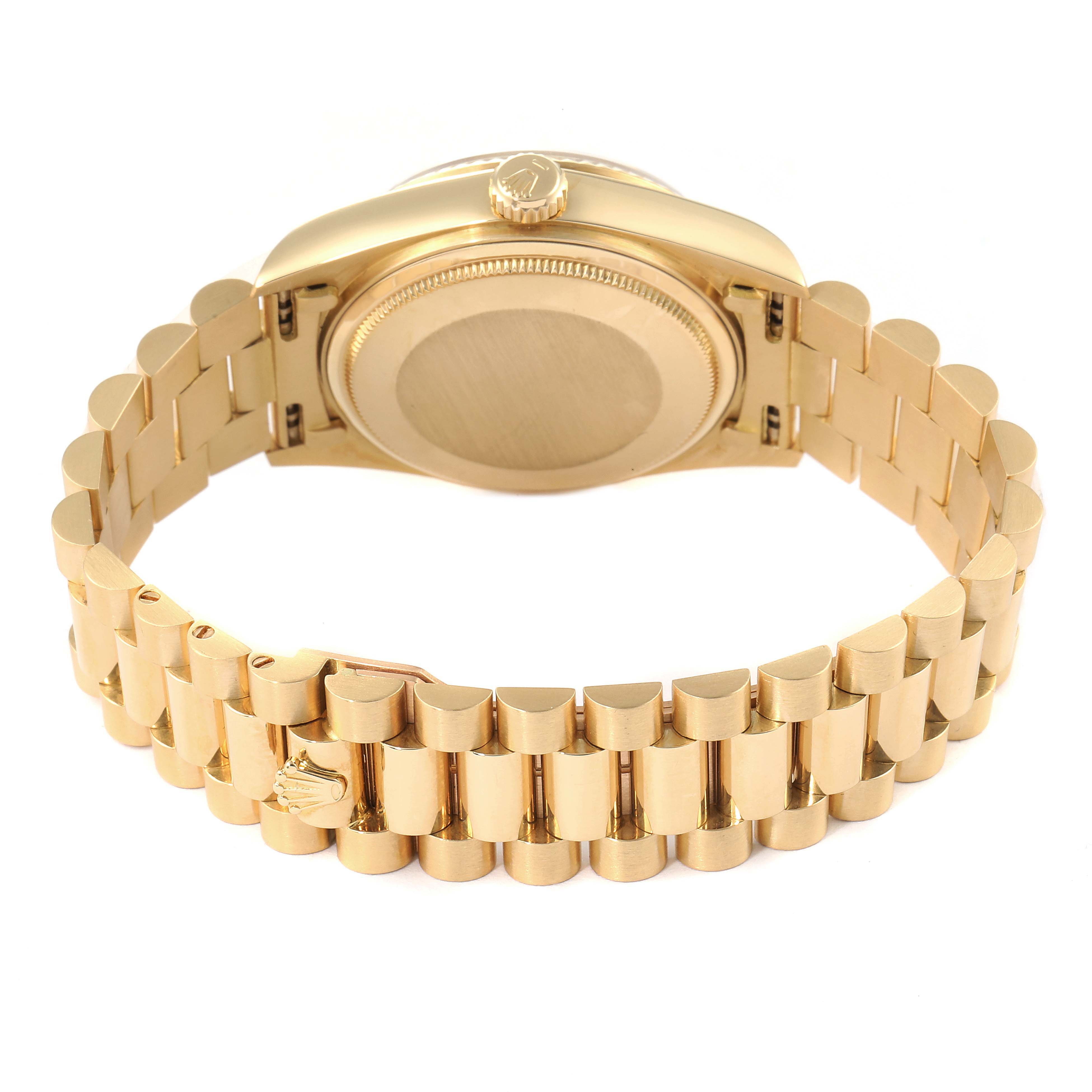 The image shows the back and bracelet of a Rolex President 18038 Men's Yellow Gold Champagne Dial 18038 Men's Yellow Gold Champagne Dial model watch, highlighting the case back and clasp.