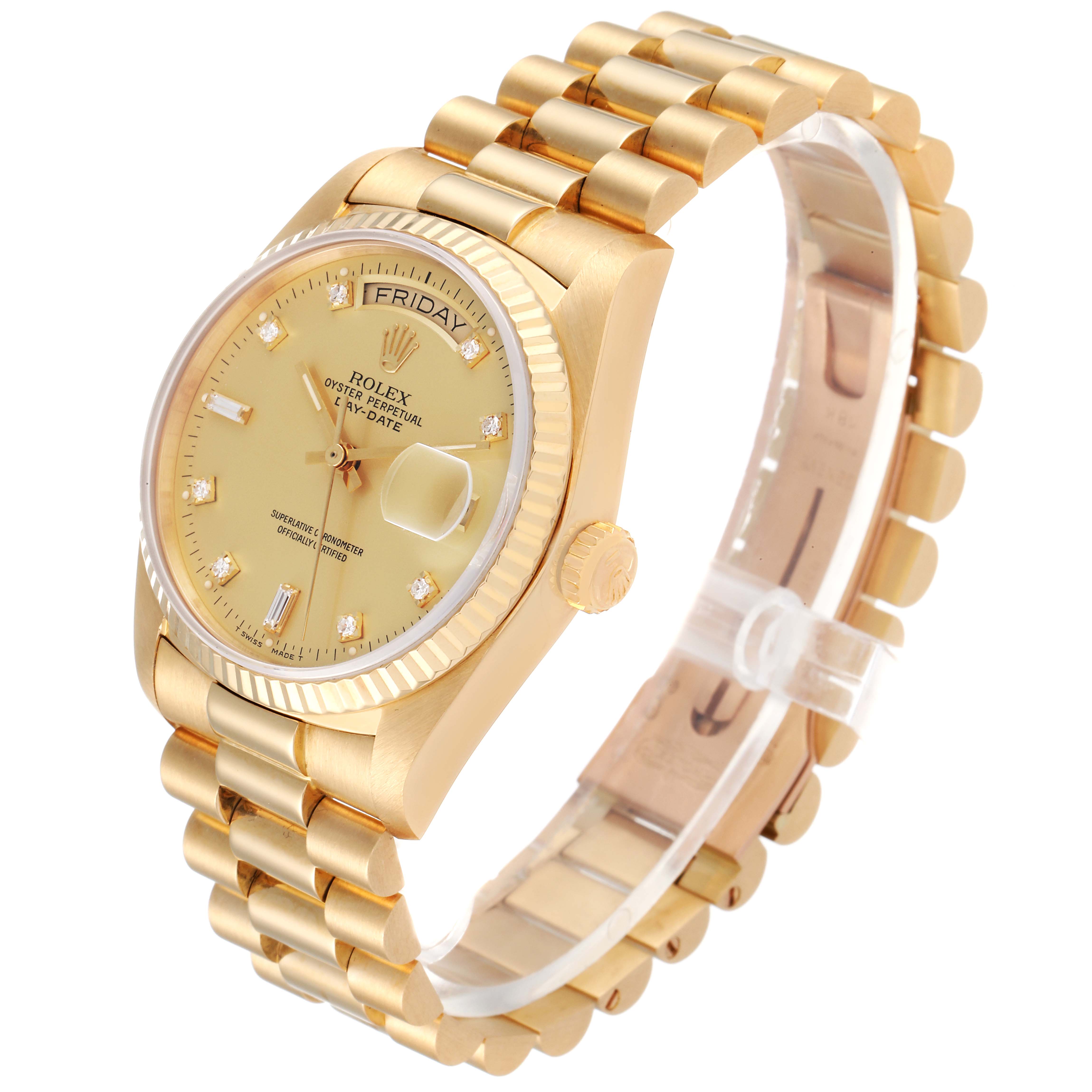The image shows a Rolex President 18038 Men's Yellow Gold Champagne Dial 18038 Men's Yellow Gold Champagne Dial model watch at a three-quarter angle, highlighting the face, bezel, crown, and bracelet.