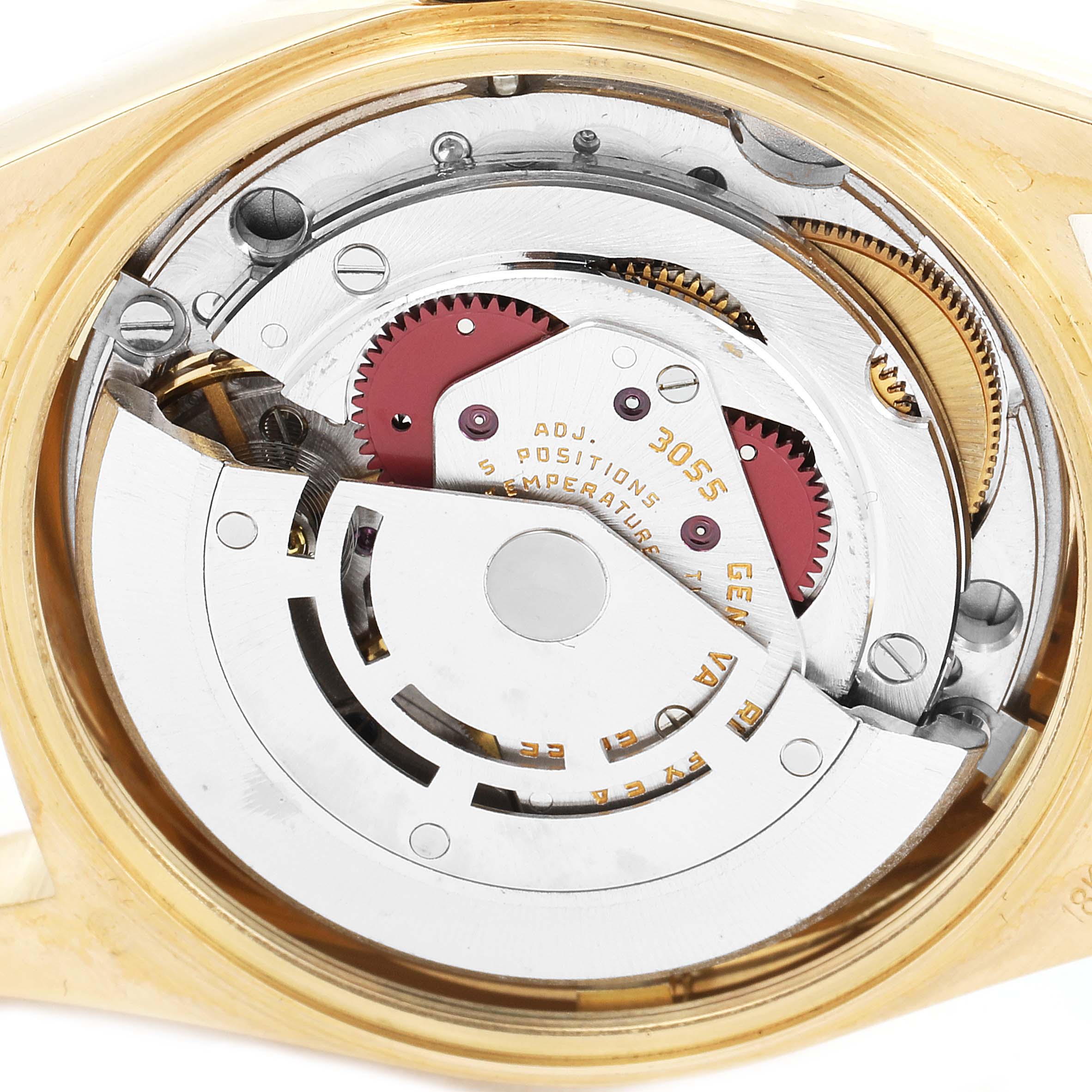 This image shows the internal mechanism of a Rolex President 18038 Men's Yellow Gold Champagne Dial 18038 Men's Yellow Gold Champagne Dial model watch from a rear angle with the case back removed.