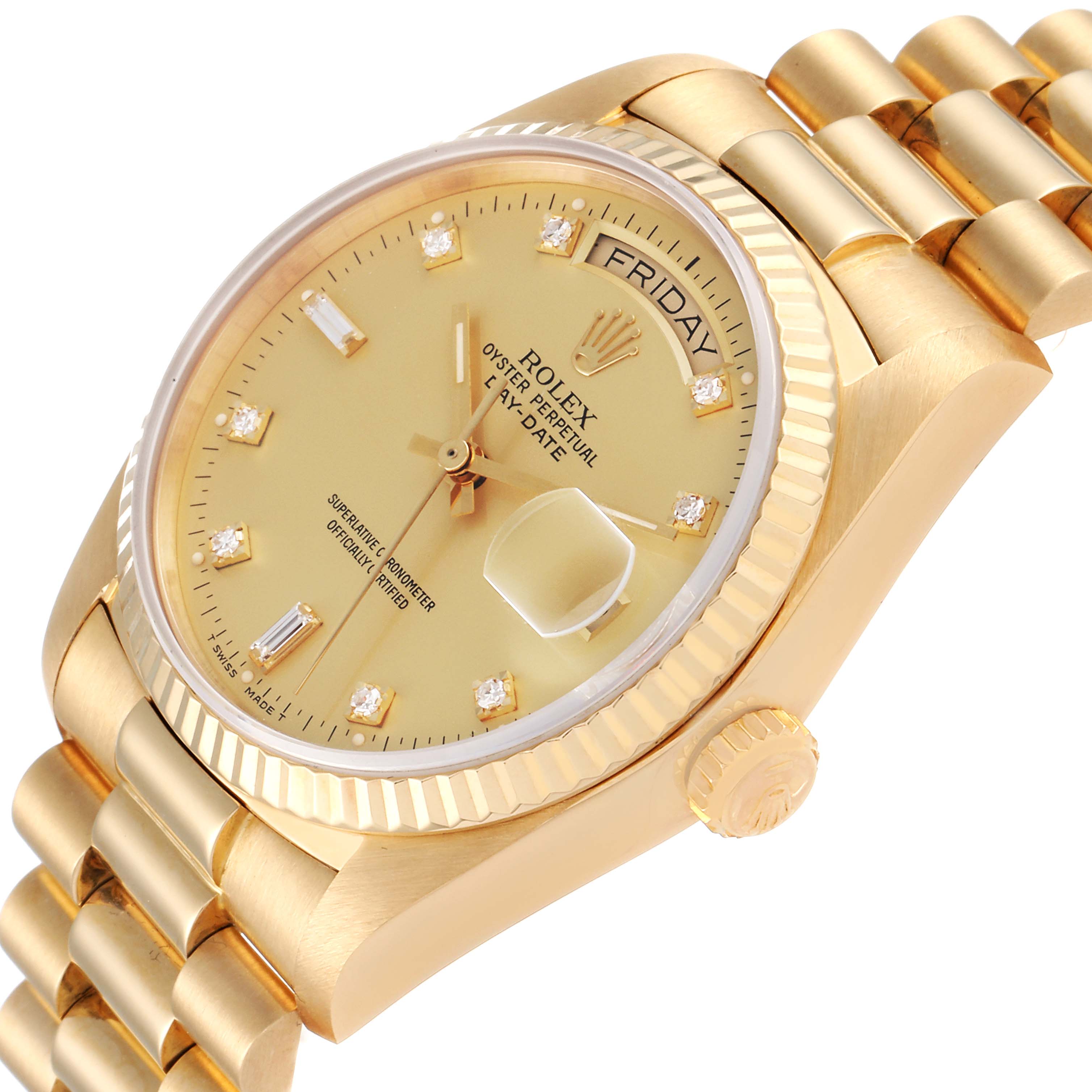 This image shows a close-up, slightly angled view of the Rolex President 18038 Men's Yellow Gold Champagne Dial 18038 Men's Yellow Gold Champagne Dial watch, highlighting its dial, bezel, and bracelet.