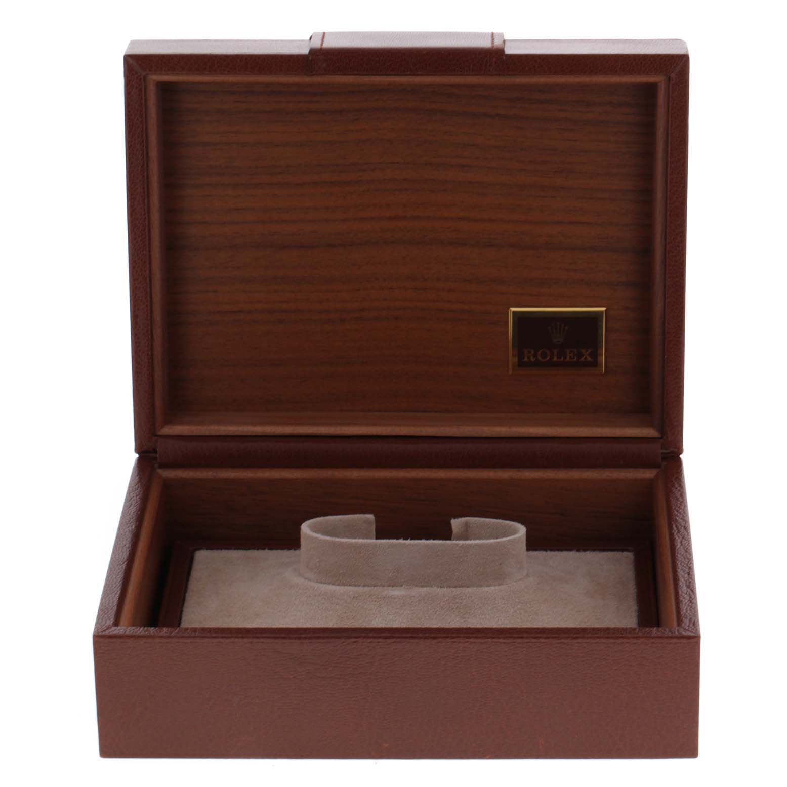 This image shows an open brown Rolex watch box for the President model, displaying the interior cushion for holding the timepiece.