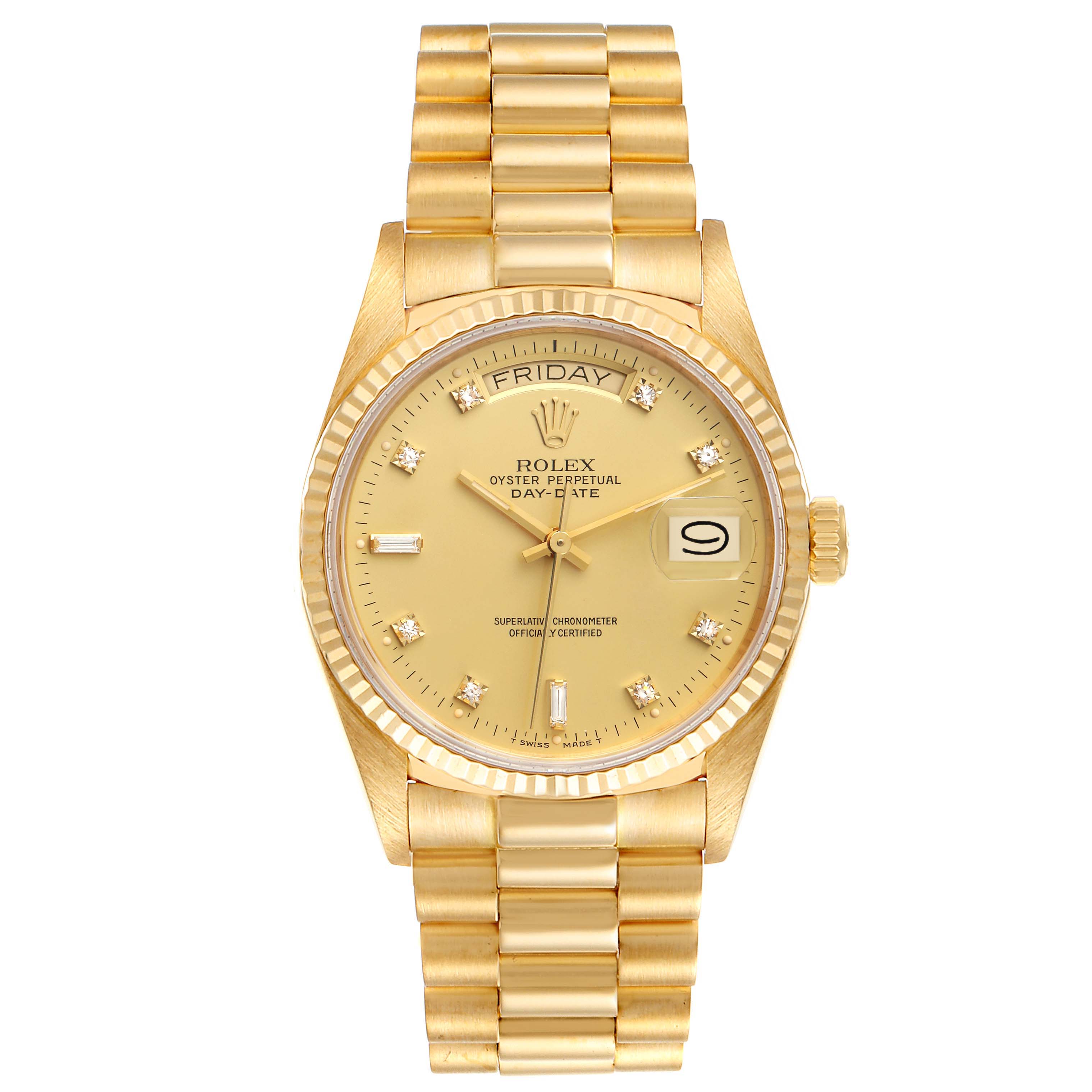 This image shows a frontal view of a Rolex President 18038 Men's Yellow Gold Champagne Dial 18038 Men's Yellow Gold Champagne Dial model watch, highlighting its dial, bracelet, and crown.