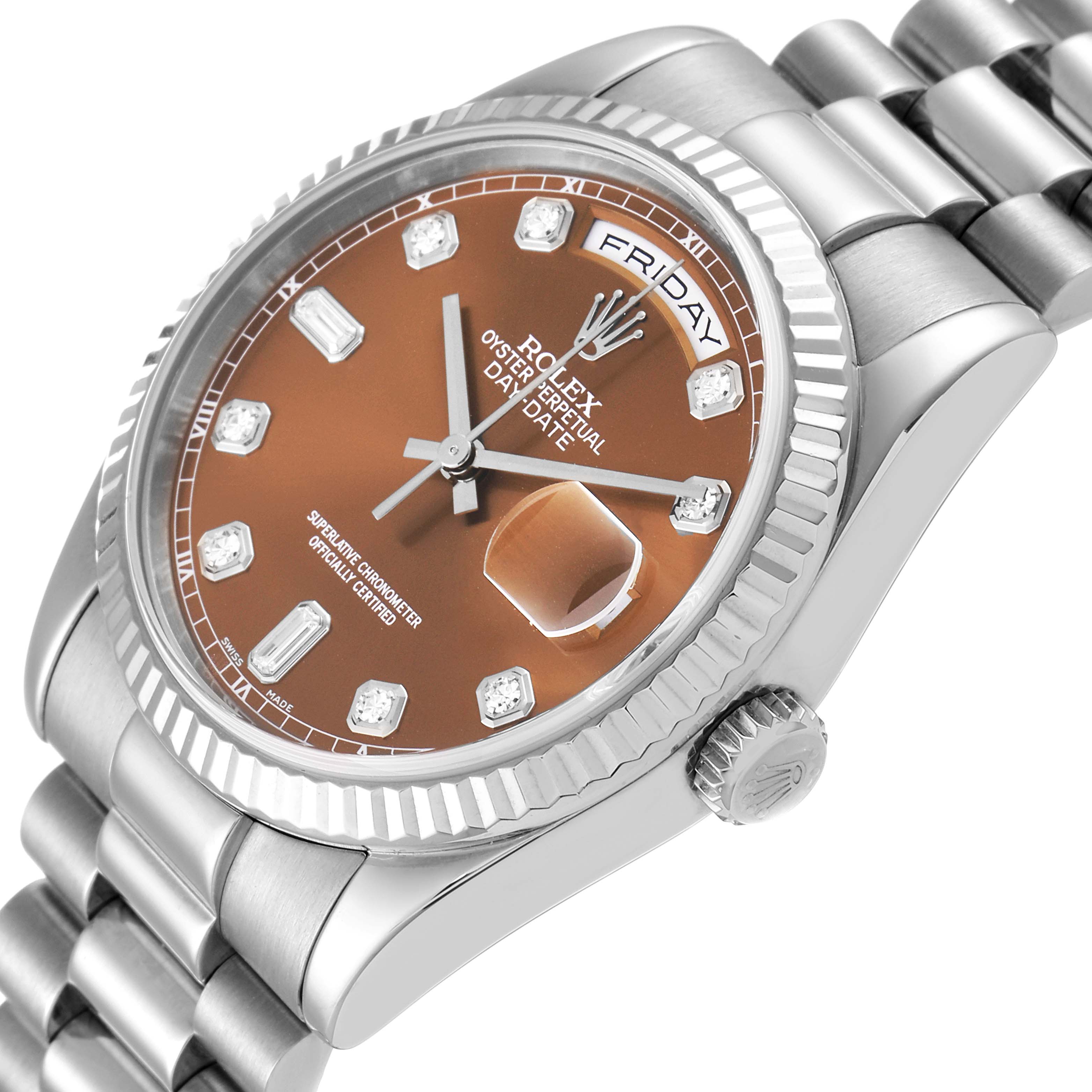 The image shows a close-up angle of the Rolex President 118239 Men's White Gold Brown Dial 118239 Men's White Gold Brown Dial model watch, highlighting the dial, bezel, and part of the bracelet.