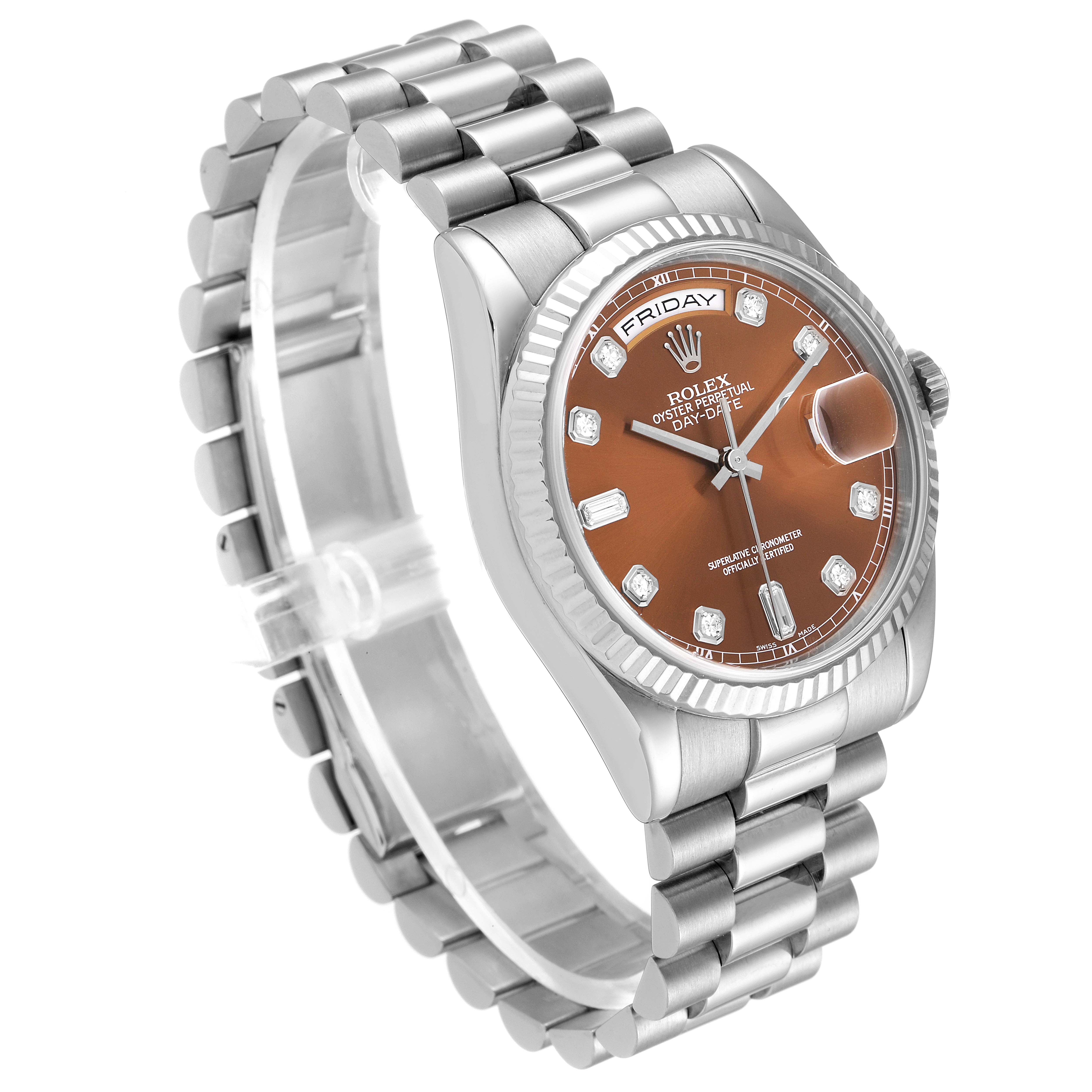 The Rolex President 118239 Men's White Gold Brown Dial 118239 Men's White Gold Brown Dial model watch is shown at an angled side view, highlighting its dial, bezel, bracelet, and crown.