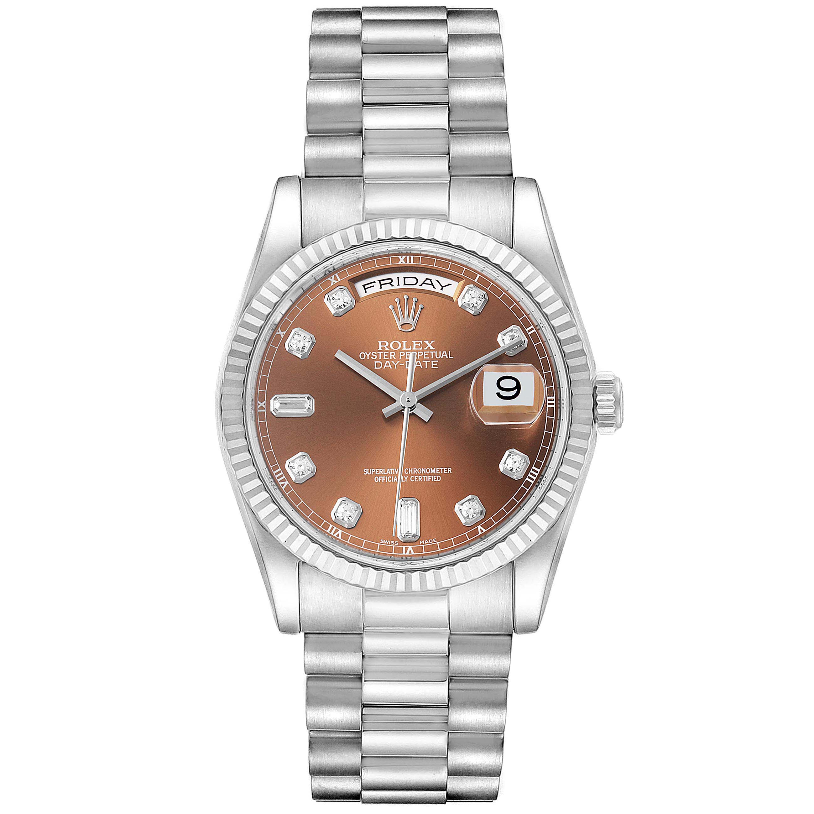 The Rolex President 118239 Men's White Gold Brown Dial 118239 Men's White Gold Brown Dial model watch is shown from a front angle displaying its face, dial, bezel, and bracelet.