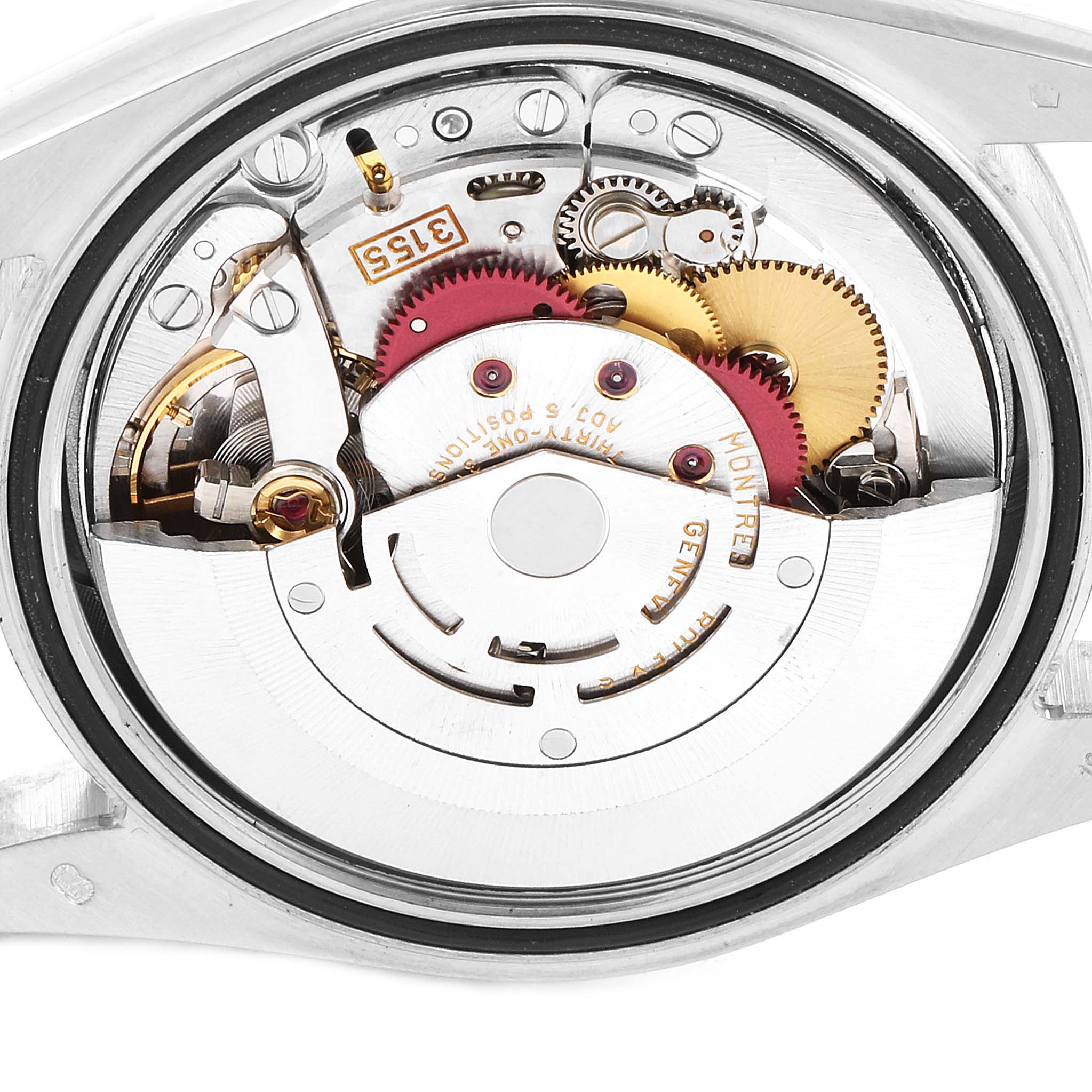 This image shows the intricate internal mechanism of a Rolex President 118239 Men's White Gold Brown Dial 118239 Men's White Gold Brown Dial model watch from a back view angle.