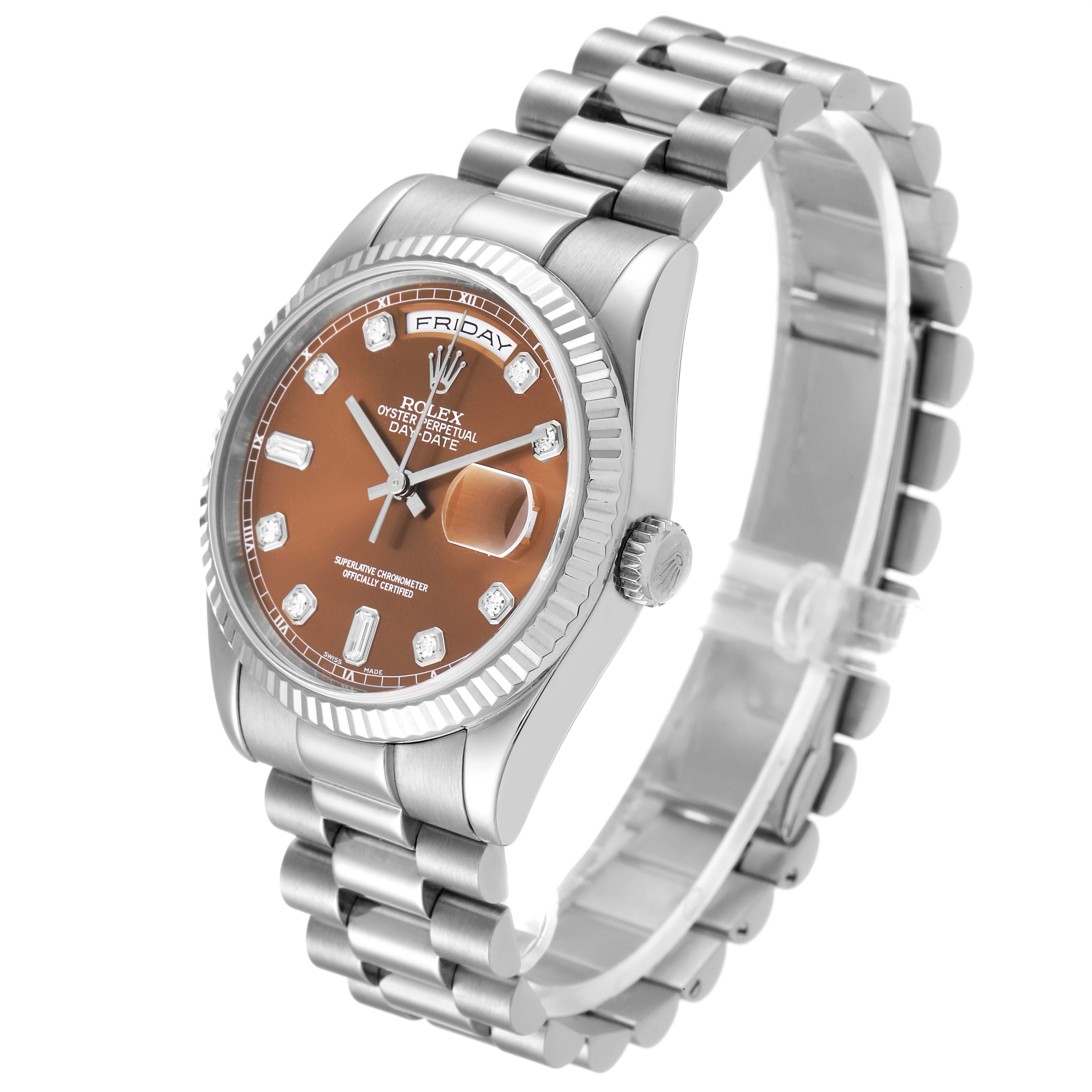 The image shows a three-quarter view of a Rolex President 118239 Men's White Gold Brown Dial 118239 Men's White Gold Brown Dial model, highlighting the brown dial, fluted bezel, and President bracelet.