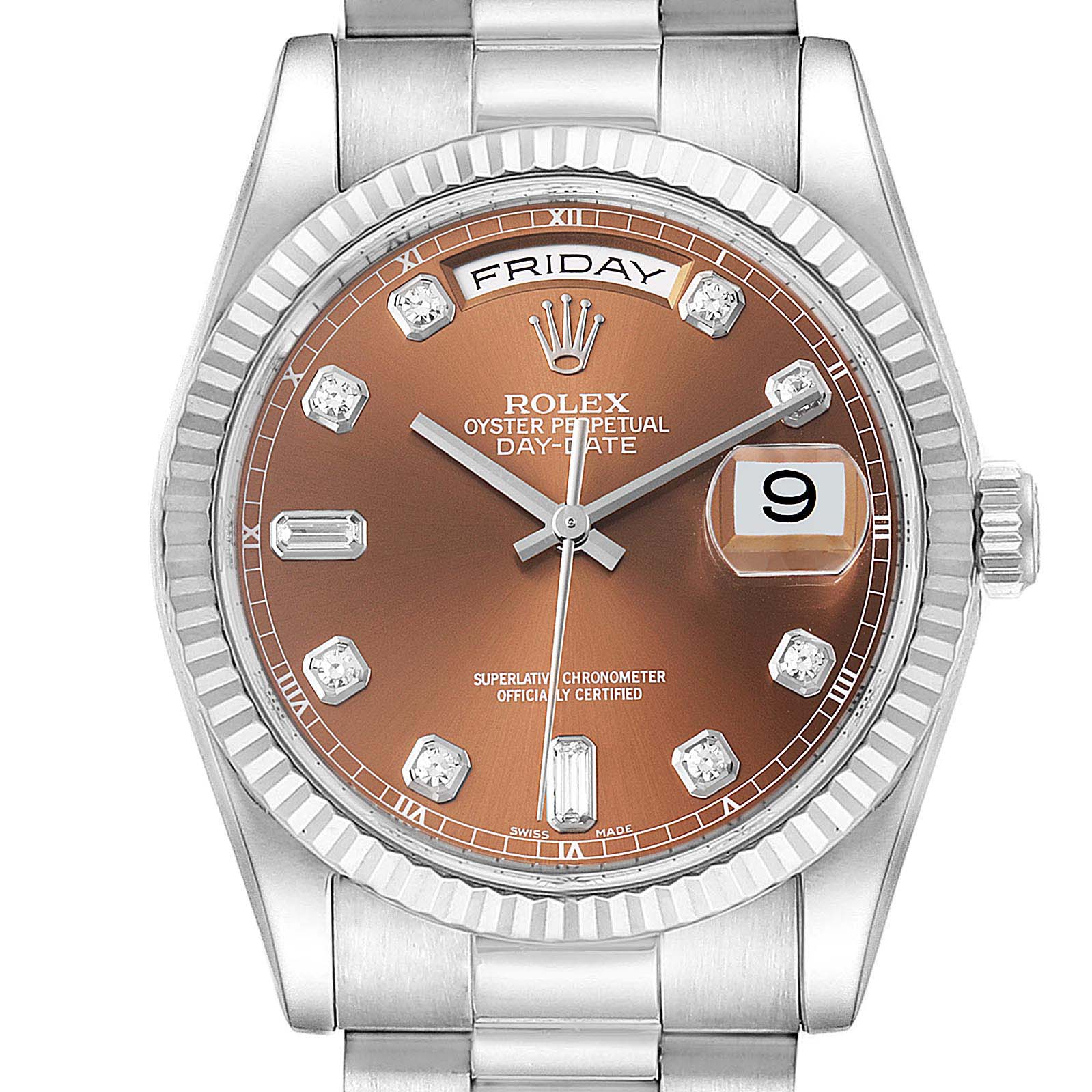 This image shows a frontal view of the Rolex President 118239 Men's White Gold Brown Dial 118239 Men's White Gold Brown Dial Oyster Perpetual Day-Date watch, displaying the dial, hands, and bracelet.