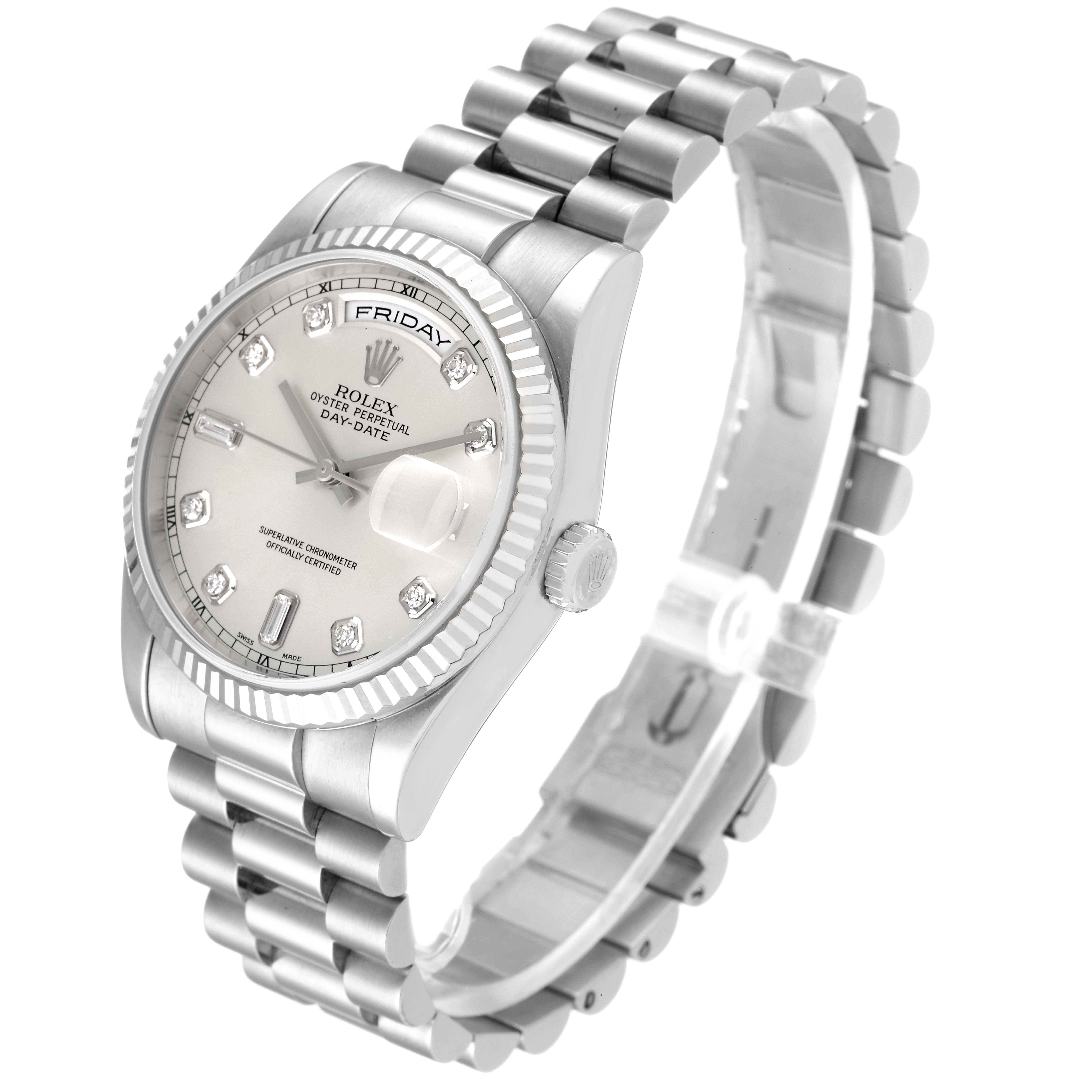The Rolex President 118239 Men's White Gold Silver Dial 118239 Men's White Gold Silver Dial model is shown at a slight angle revealing the face, bezel, case, crown, and band.