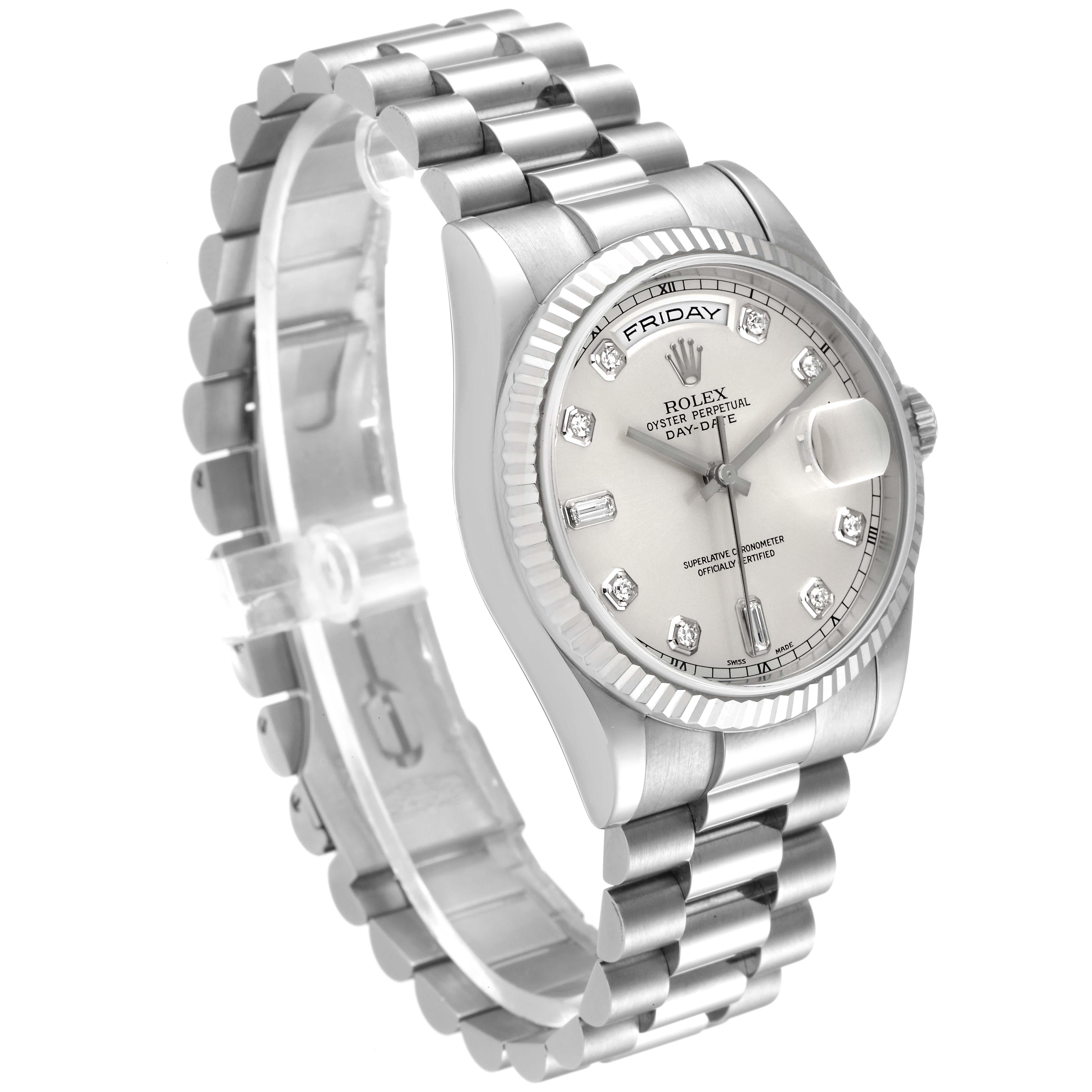 The image shows a side angle of the Rolex President 118239 Men's White Gold Silver Dial 118239 Men's White Gold Silver Dial model, featuring the watch face, bezel, crown, and bracelet.