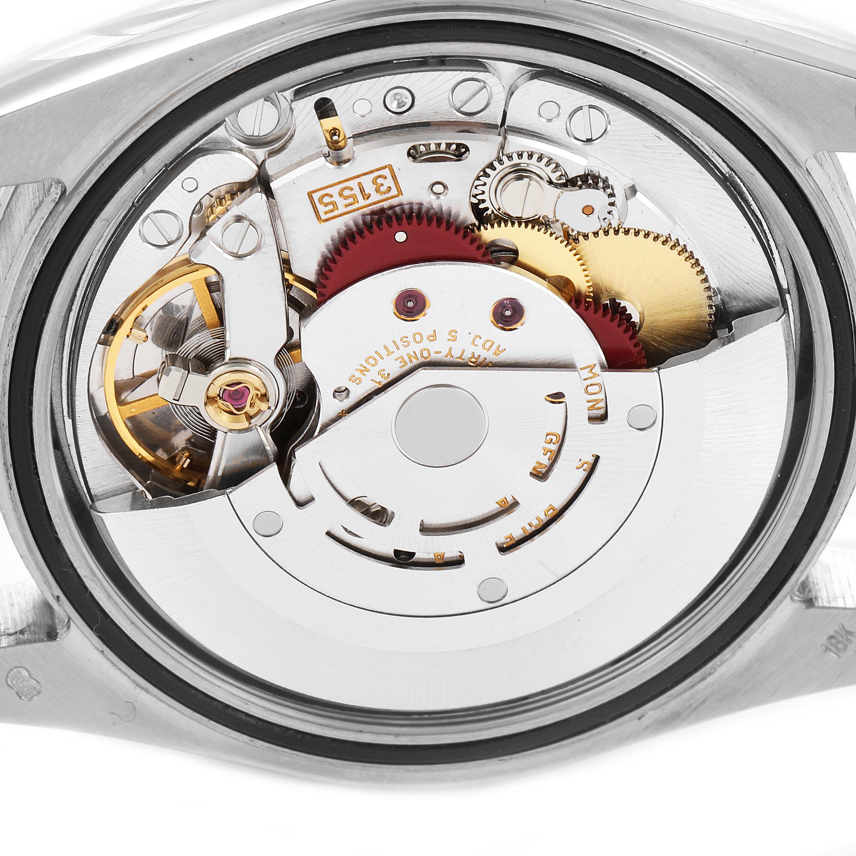 The image shows the inner mechanical movement of a Rolex President 118239 Men's White Gold Silver Dial 118239 Men's White Gold Silver Dial model watch from a back angle.