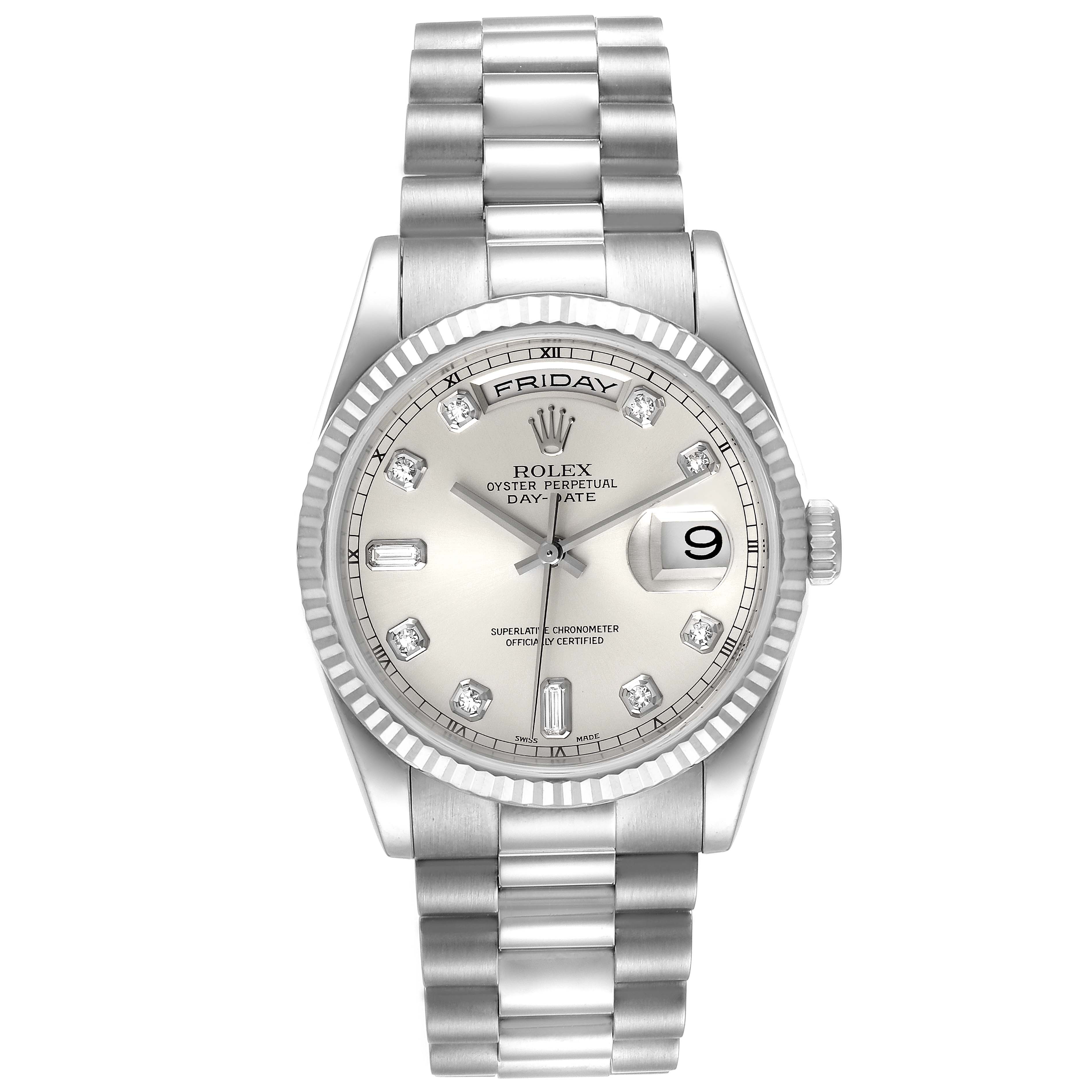 The Rolex President 118239 Men's White Gold Silver Dial 118239 Men's White Gold Silver Dial model watch is shown from a top-down angle, displaying its face, band, and bezel.