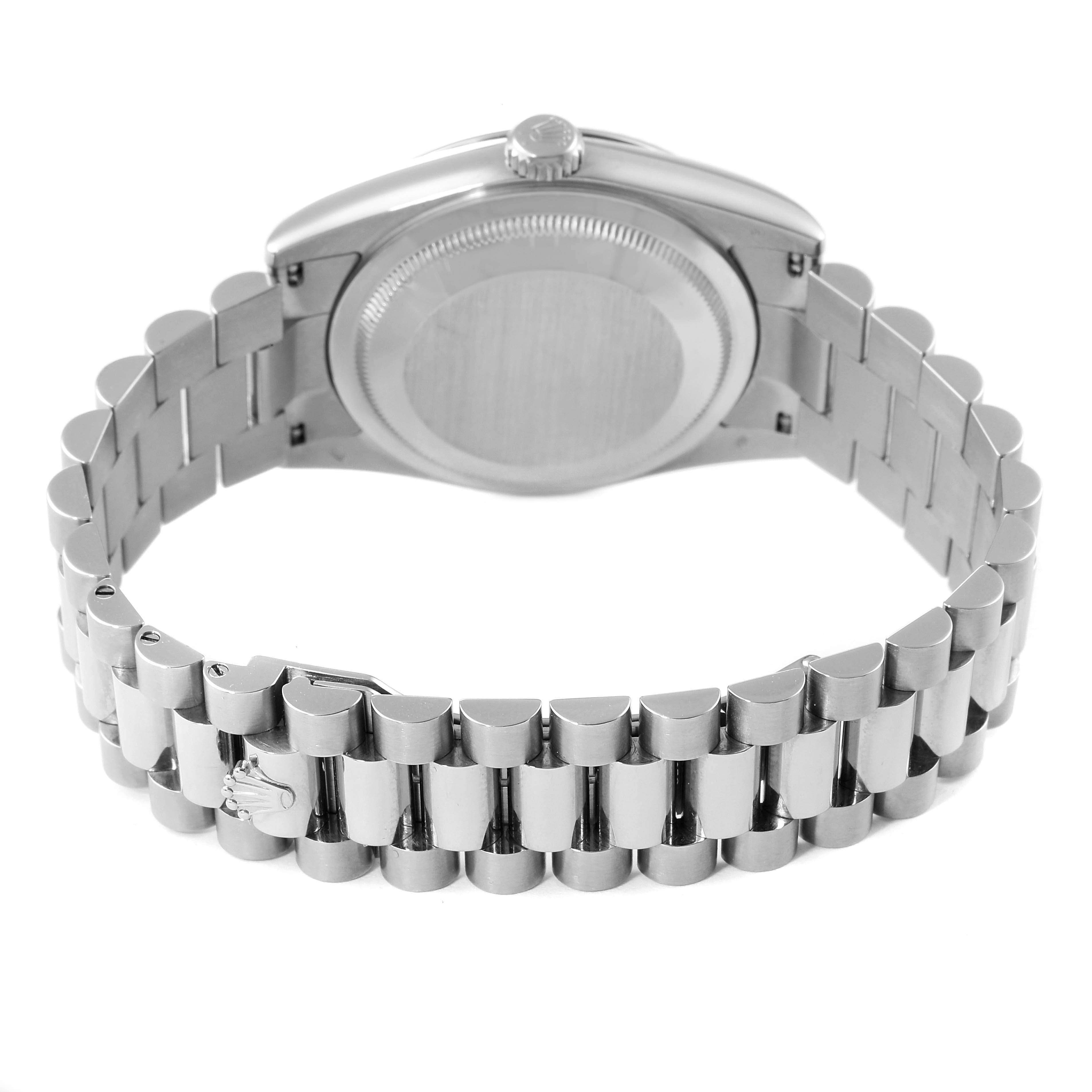 The image shows the back side of a Rolex President 118239 Men's White Gold Silver Dial 118239 Men's White Gold Silver Dial model watch, focusing on its case back and bracelet.