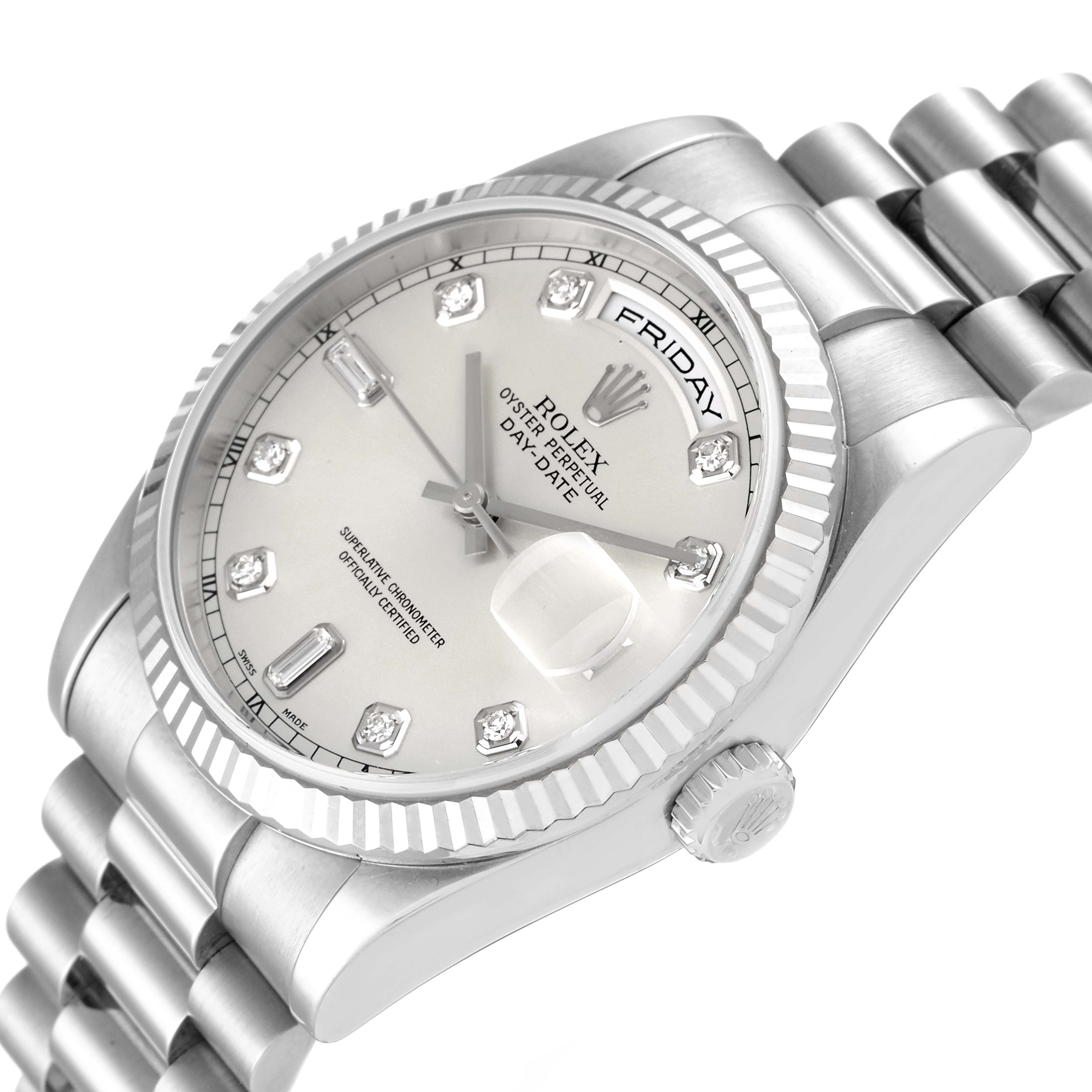 The image shows an angled close-up of the Rolex President 118239 Men's White Gold Silver Dial 118239 Men's White Gold Silver Dial model, including its dial, bezel, crown, and part of the bracelet.