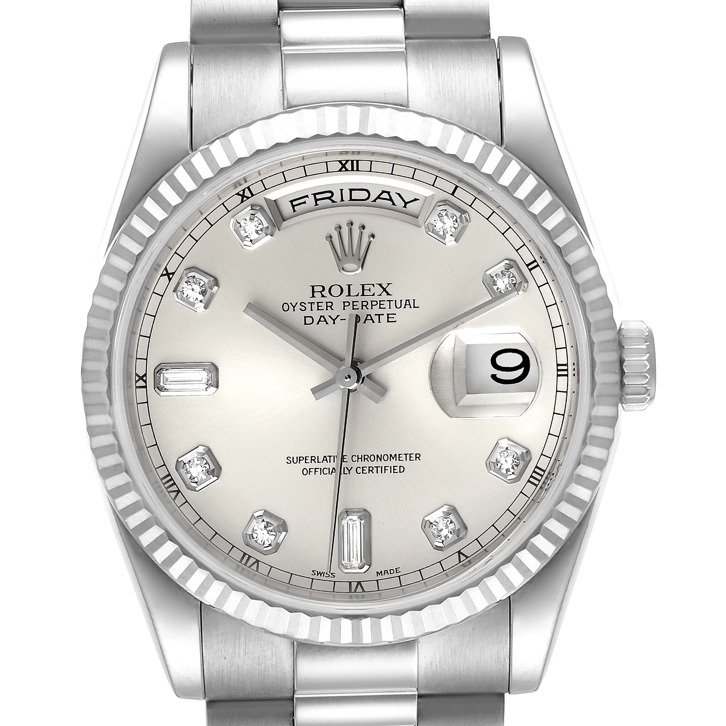 The image shows a front view of the Rolex President 118239 Men's White Gold Silver Dial 118239 Men's White Gold Silver Dial model watch, highlighting the dial, bezel, and bracelet.