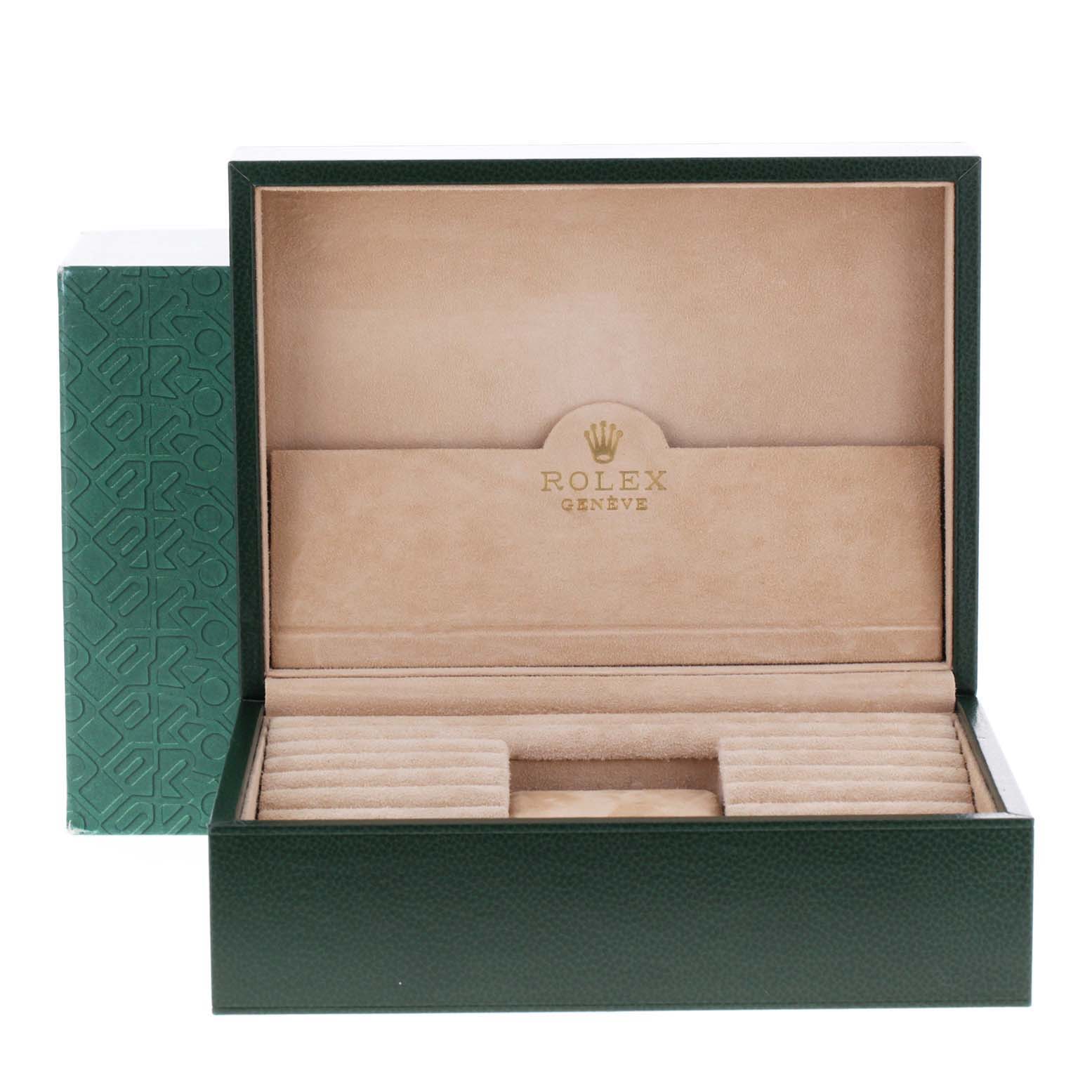 This is an open green watch box for the Rolex President 118239 Men's White Gold Silver Dial 118239 Men's White Gold Silver Dial model, showcasing its interior compartments and soft lining.