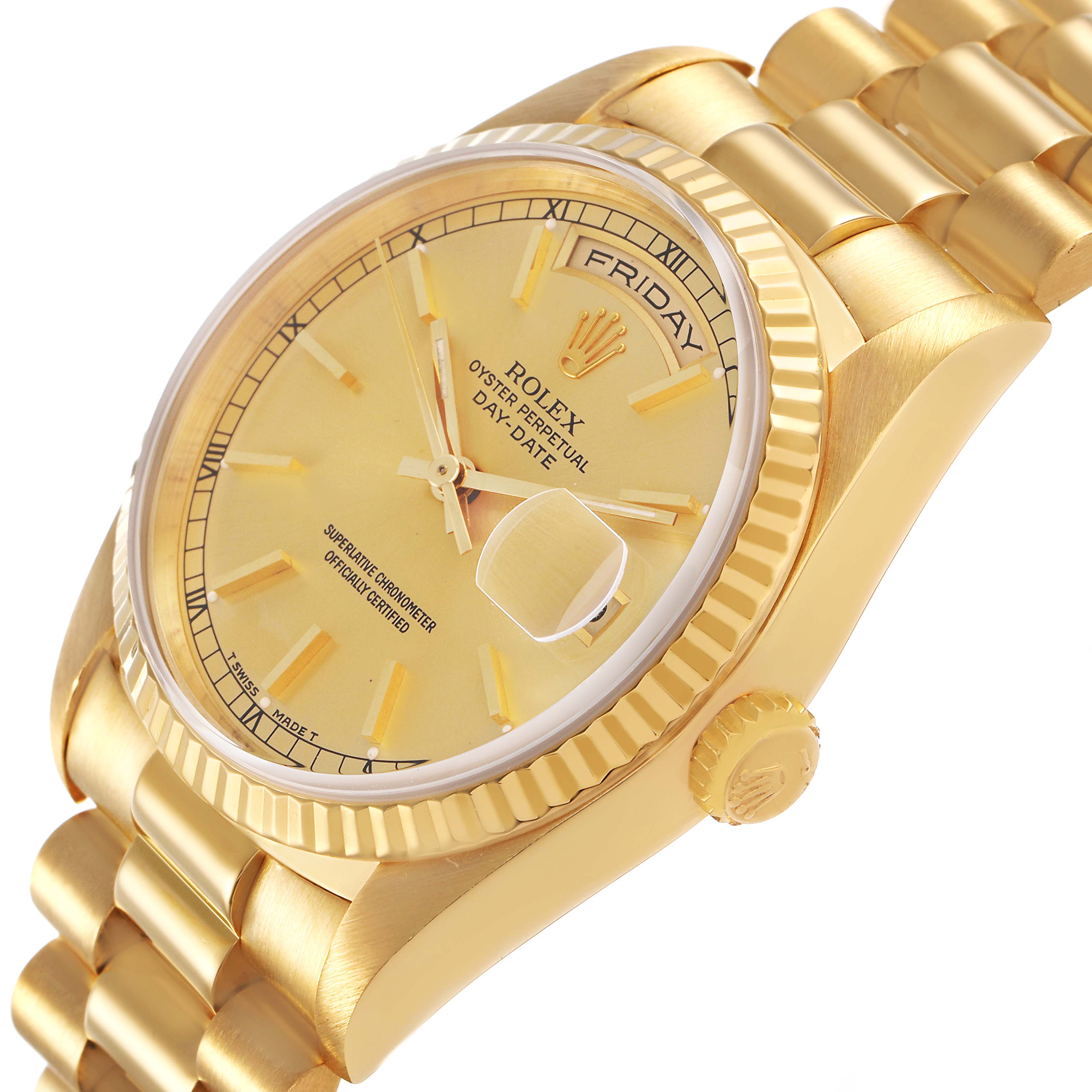 The Rolex President 18238 Men's Yellow Gold Champagne Dial watch is shown at a slight side angle, displaying its face, bezel, crown, and bracelet links.