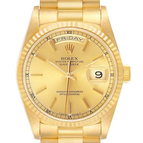 The Rolex President 18238 Men's Yellow Gold Champagne Dial model watch is shown from a front angle, highlighting the dial, bezel, crown, and part of the bracelet.