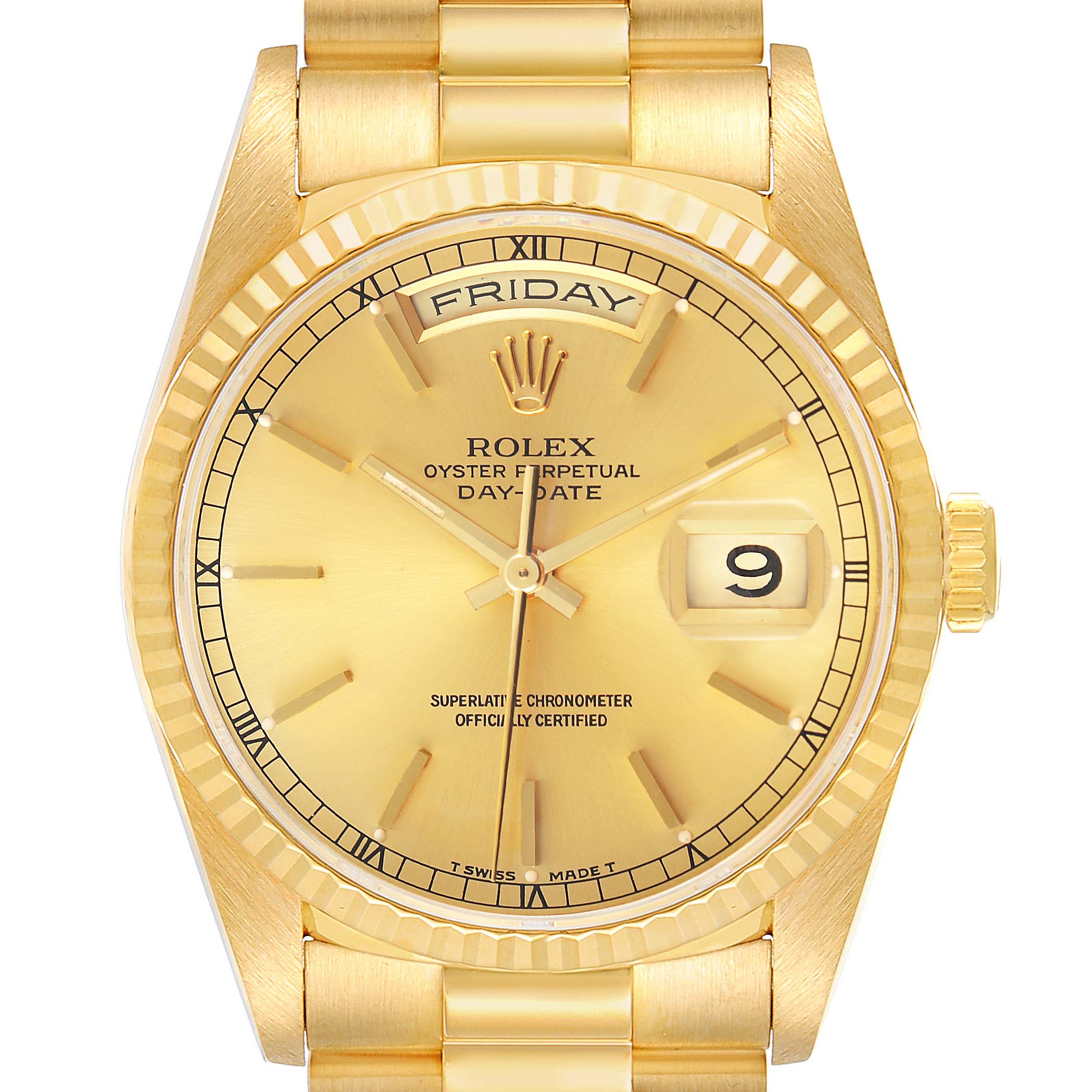 The Rolex President 18238 Men's Yellow Gold Champagne Dial model is shown from a frontal angle, highlighting the dial, day-date display, and gold bracelet.