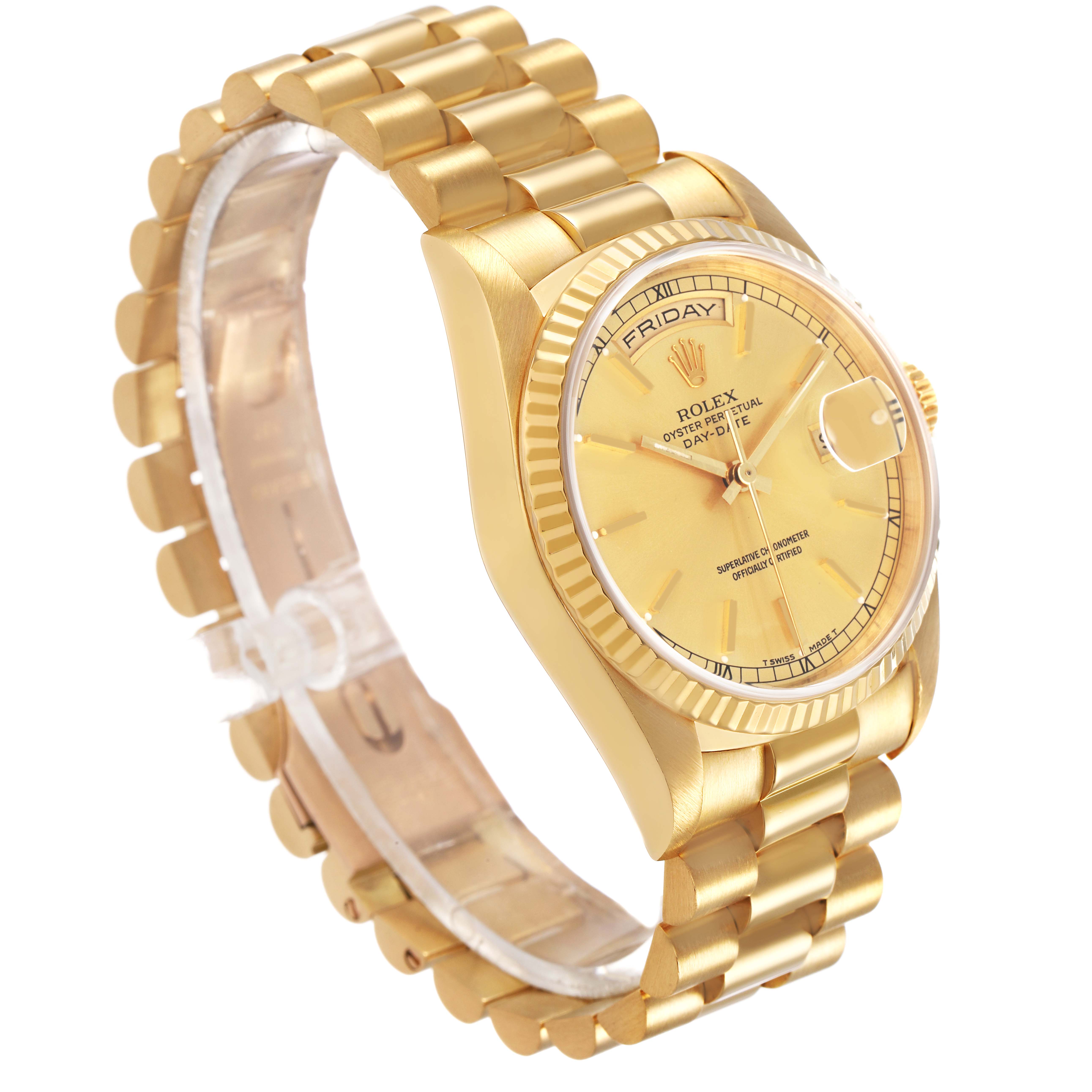 The Rolex President 18238 Men's Yellow Gold Champagne Dial model watch is shown at a three-quarter angle, highlighting the face, crown, and bracelet.