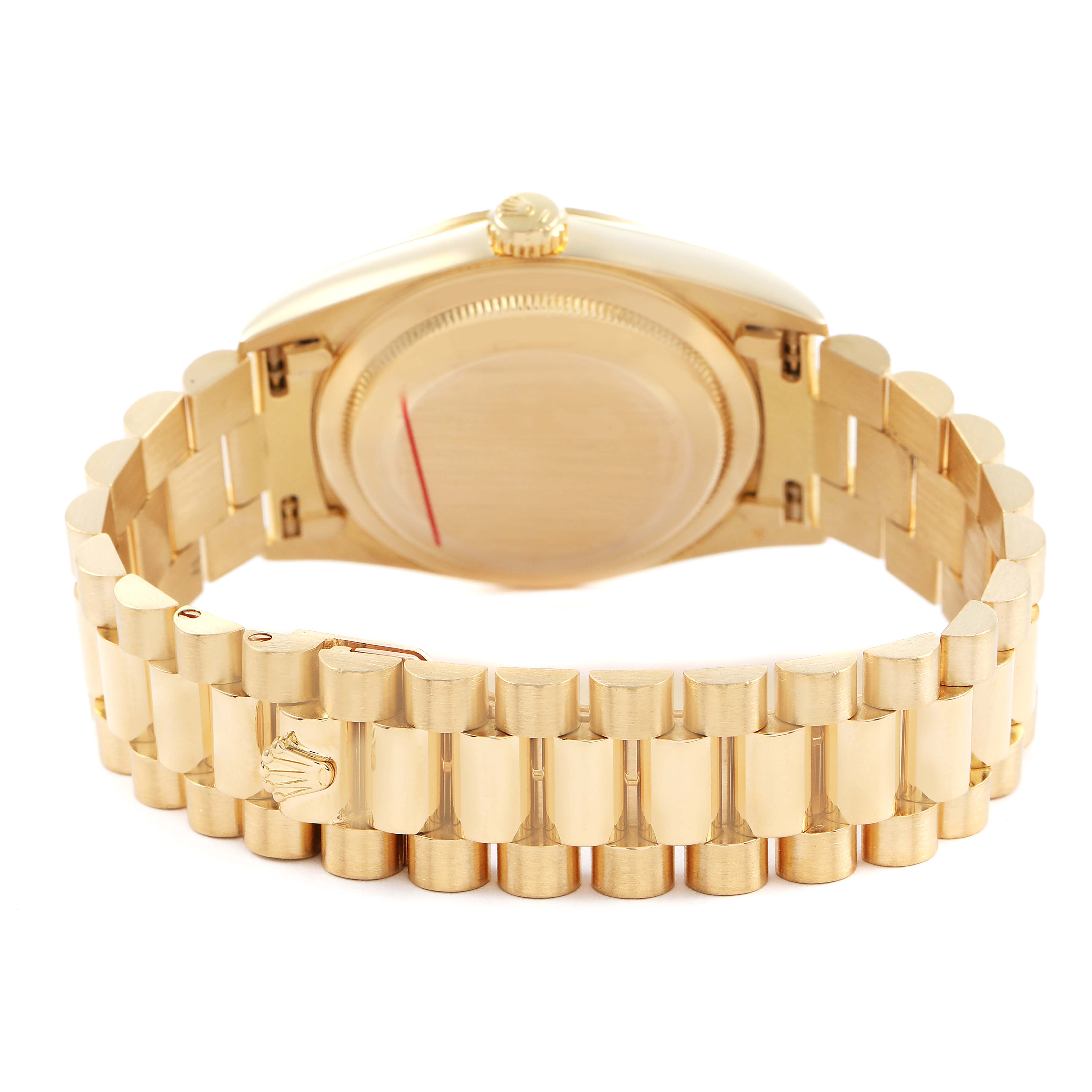 The image shows the back and President bracelet of a Rolex President 18238 Men's Yellow Gold Champagne Dial model watch at an angle highlighting the clasp and casing.