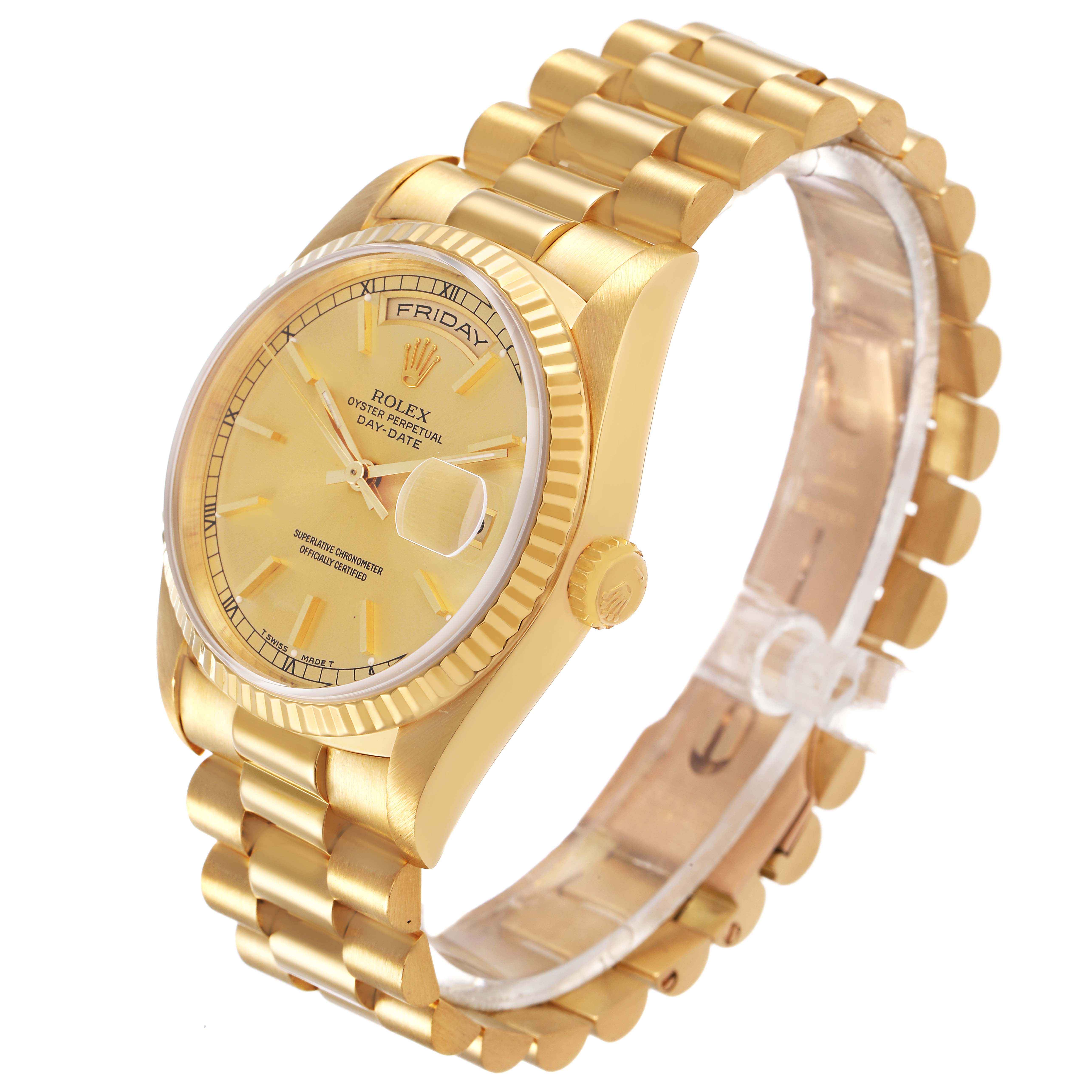 The Rolex President 18238 Men's Yellow Gold Champagne Dial model is shown at a three-quarter angle displaying its dial, bracelet, and fluted bezel.