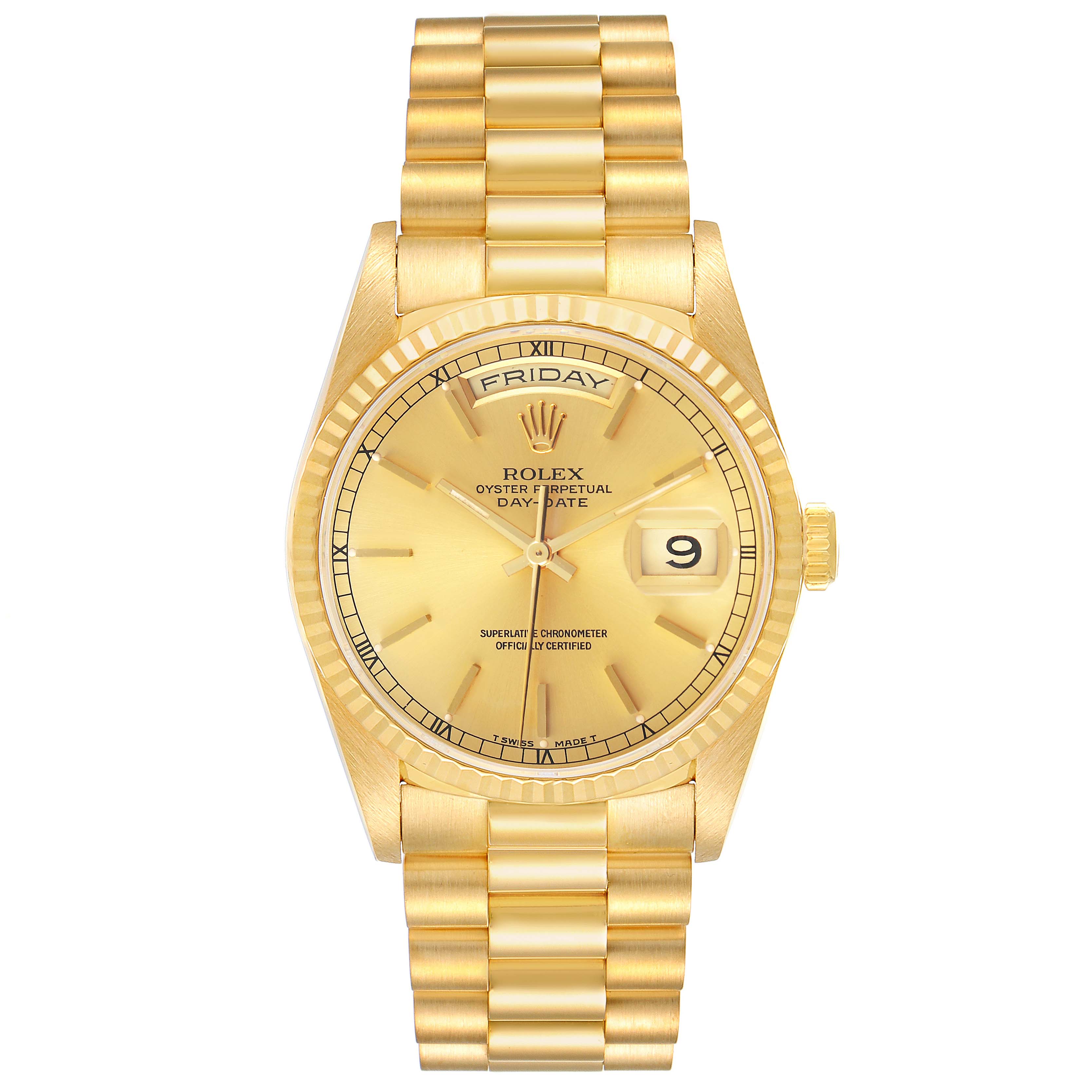 The Rolex President 18238 Men's Yellow Gold Champagne Dial model is shown from a top view, highlighting the dial, day-date display, and bracelet.