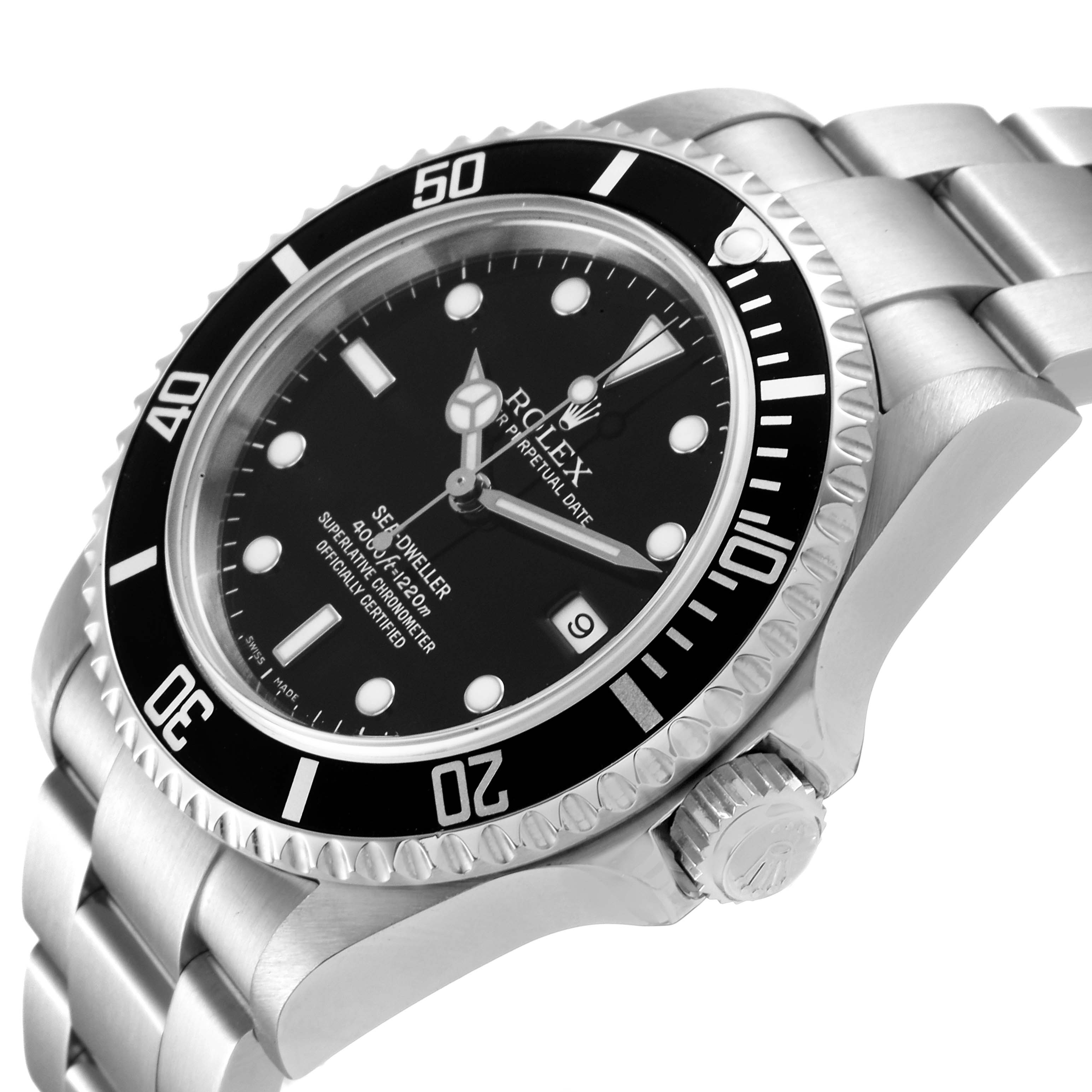 This image shows a close-up, side angle of the Rolex Sea-Dweller 16600 Men
s Stainless Steel Black Dial 16600 Men
s Stainless Steel Black Dial watch, highlighting its bezel, dial, and bracelet.