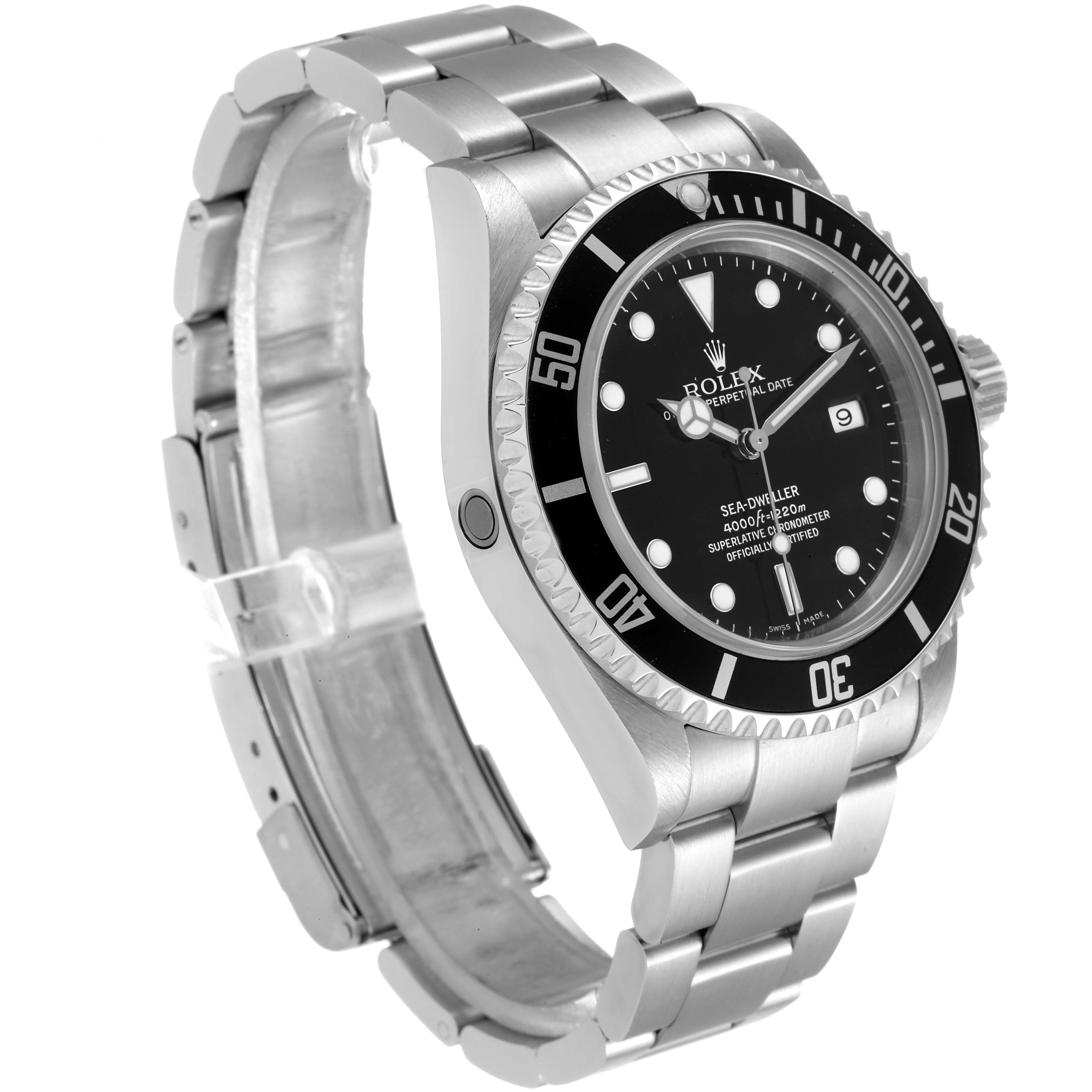 The Rolex Sea-Dweller 16600 Men
s Stainless Steel Black Dial 16600 Men
s Stainless Steel Black Dial watch is shown at a three-quarter angle, highlighting the bracelet, bezel, and dial with date feature.