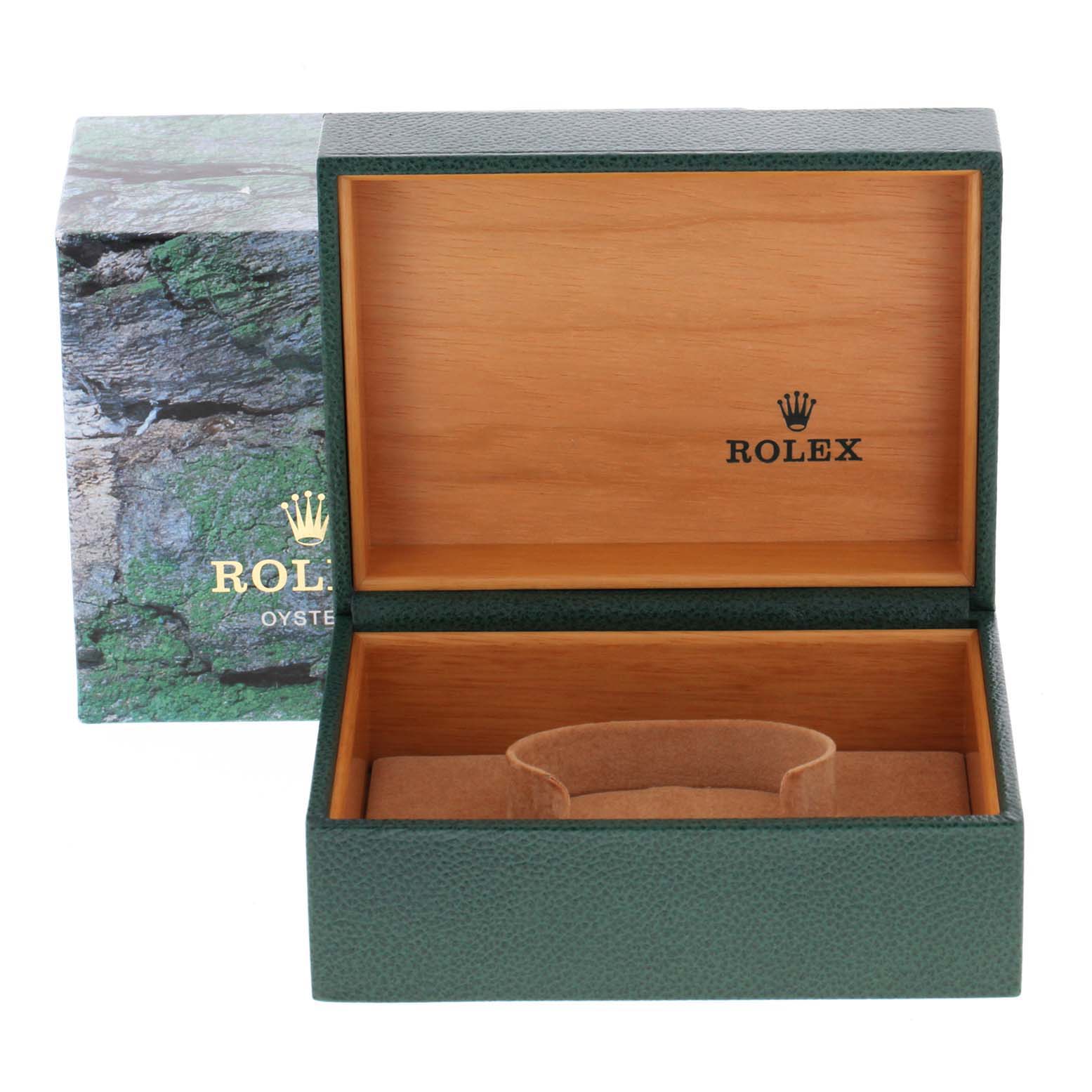 The image shows an open Rolex watch box for the Sea-Dweller model, with an exterior box and interior cushion.