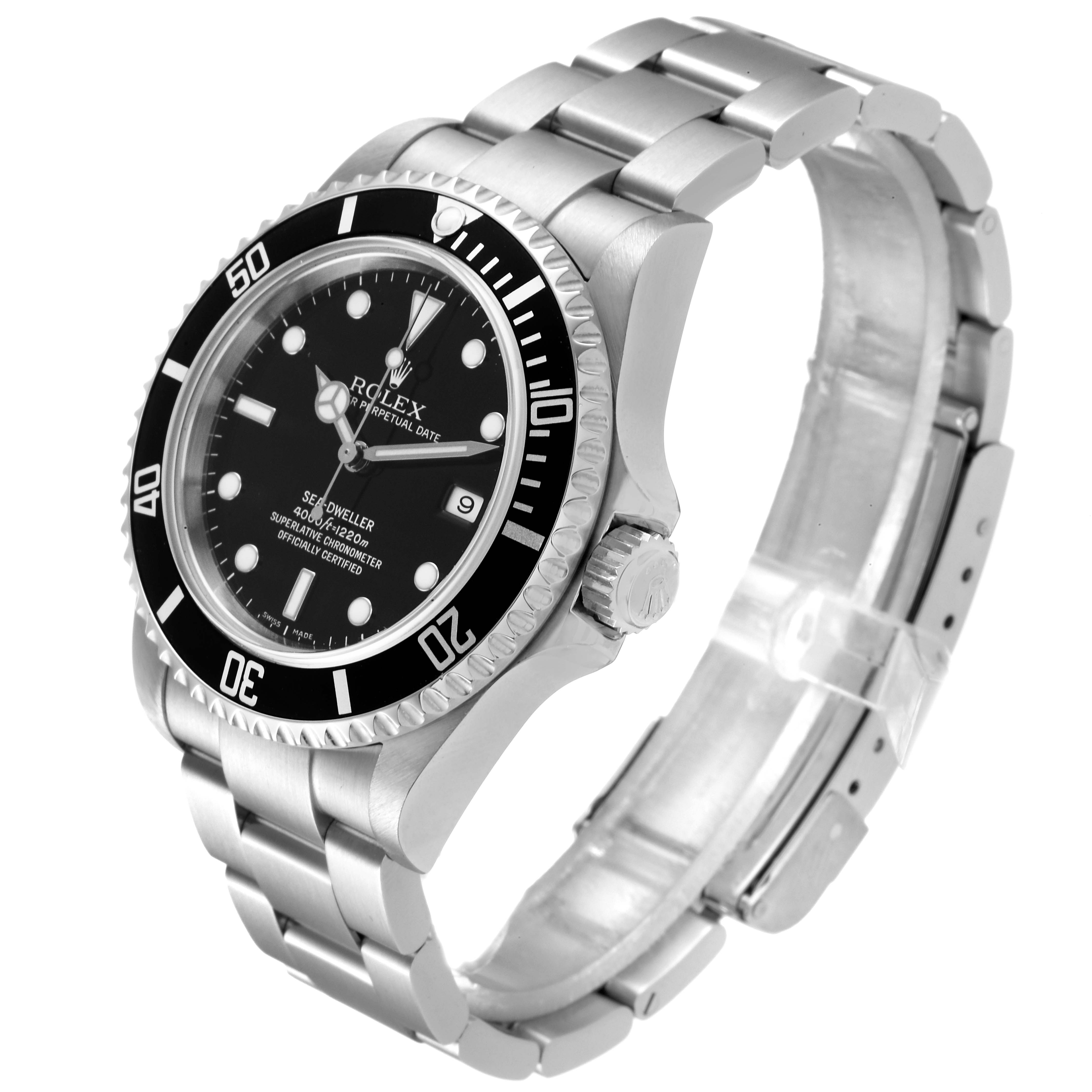 The Rolex Sea-Dweller 16600 Men
s Stainless Steel Black Dial 16600 Men
s Stainless Steel Black Dial watch is shown at a three-quarter angle displaying its face, bezel, crown, and bracelet.