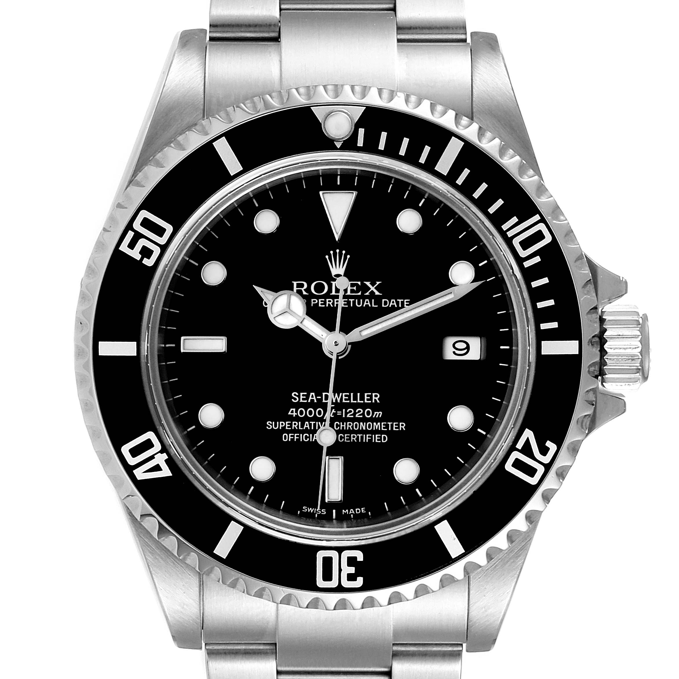 The Rolex Sea-Dweller 16600 Men
s Stainless Steel Black Dial 16600 Men
s Stainless Steel Black Dial watch is shown from the front, highlighting its dial, bezel, and part of the bracelet.