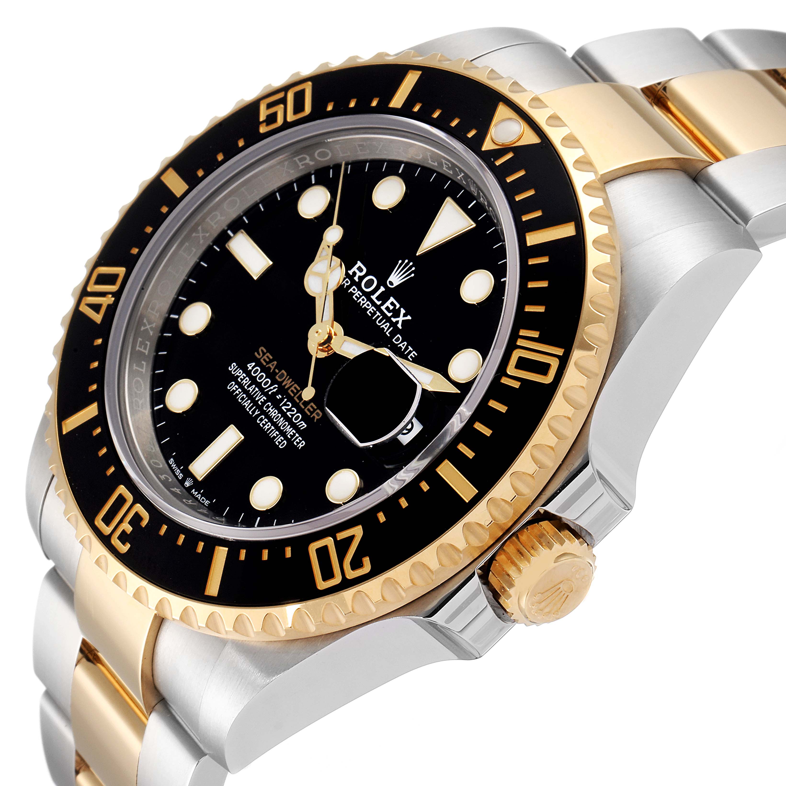This Rolex Sea-Dweller 126603 Men's Steel and Gold (two tone) Black Dial 126603 Men's Steel and Gold (two tone) Black Dial watch is shown at an angle highlighting the face, bezel, crown, and part of the bracelet.