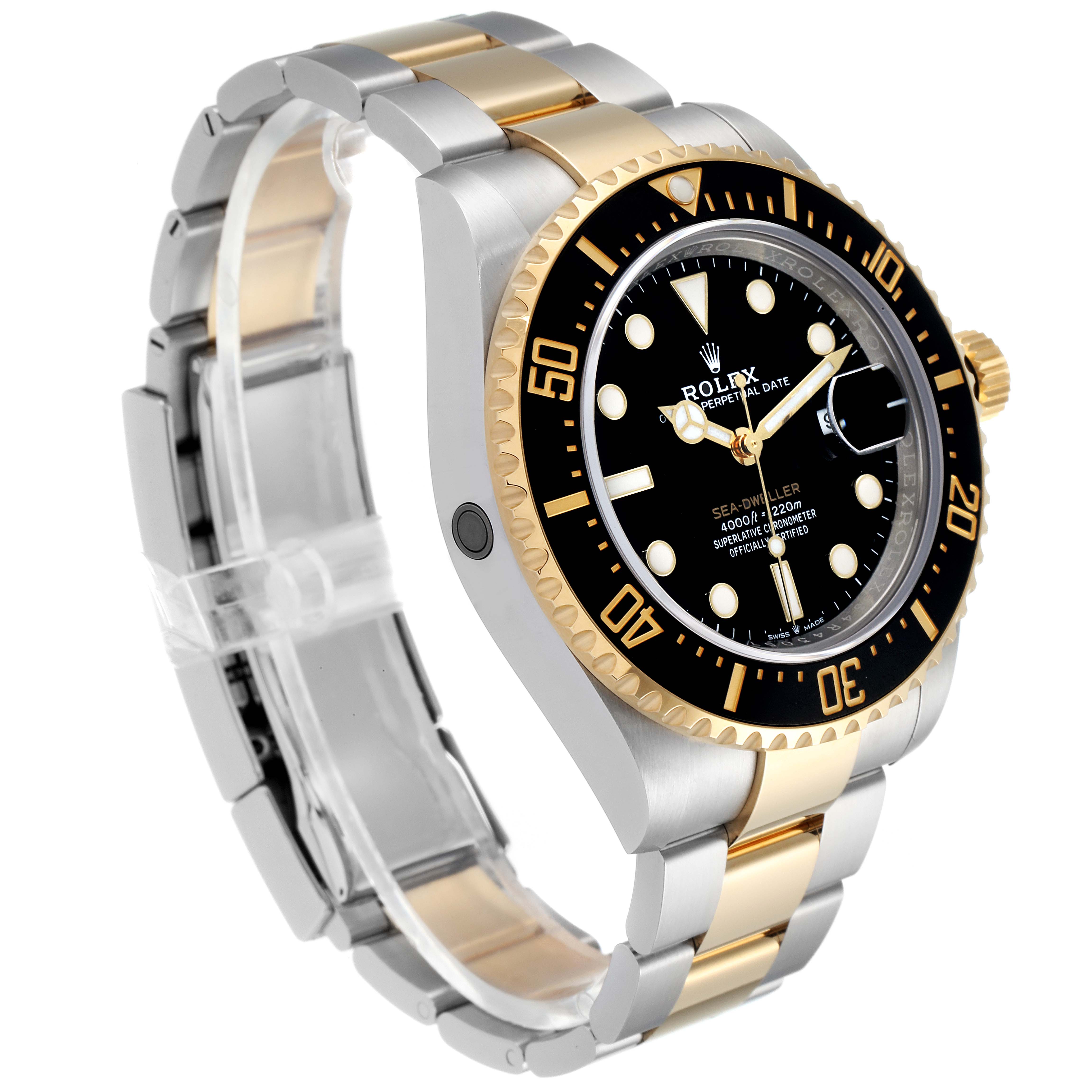 This image shows a Rolex Sea-Dweller 126603 Men's Steel and Gold (two tone) Black Dial 126603 Men's Steel and Gold (two tone) Black Dial watch at a three-quarter angle highlighting its dial, bezel, and two-tone bracelet.