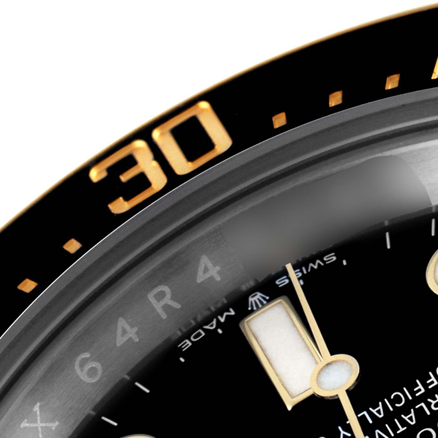 The image shows a close-up of the bezel, dial, and minute hand of the Rolex Sea-Dweller 126603 Men's Steel and Gold (two tone) Black Dial 126603 Men's Steel and Gold (two tone) Black Dial watch.