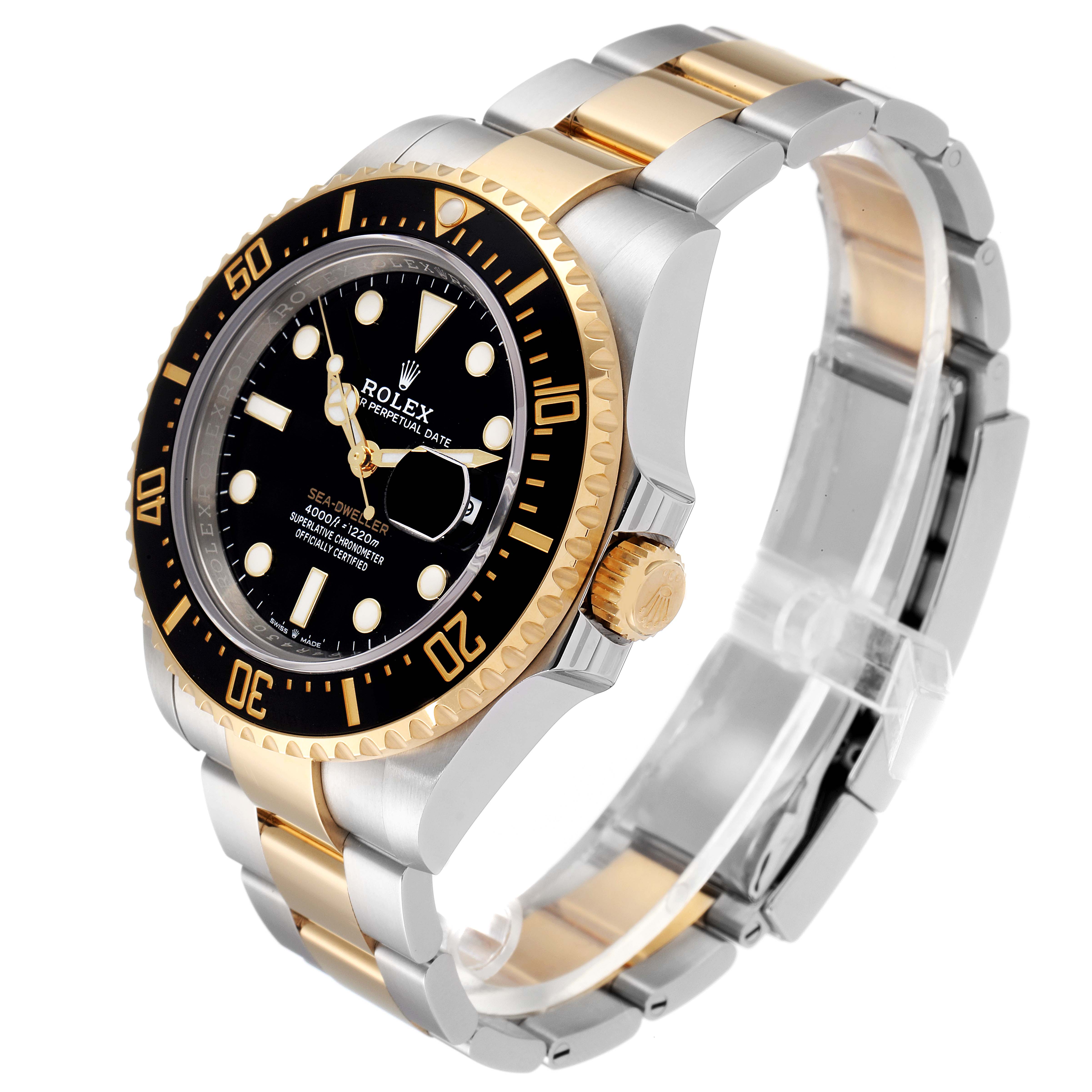 This Rolex Sea-Dweller 126603 Men's Steel and Gold (two tone) Black Dial 126603 Men's Steel and Gold (two tone) Black Dial watch is shown at an angled side view emphasizing the bezel, crown, and bracelet.