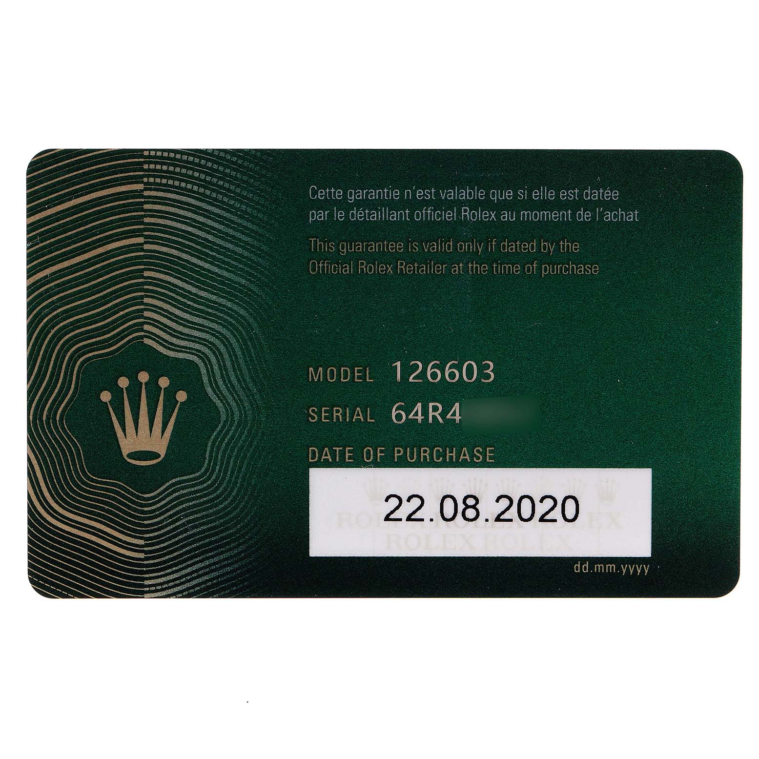 This is a warranty card for a Rolex Sea-Dweller 126603 Men's Steel and Gold (two tone) Black Dial 126603 Men's Steel and Gold (two tone) Black Dial model 126603, displaying the model, serial number, and date of purchase.