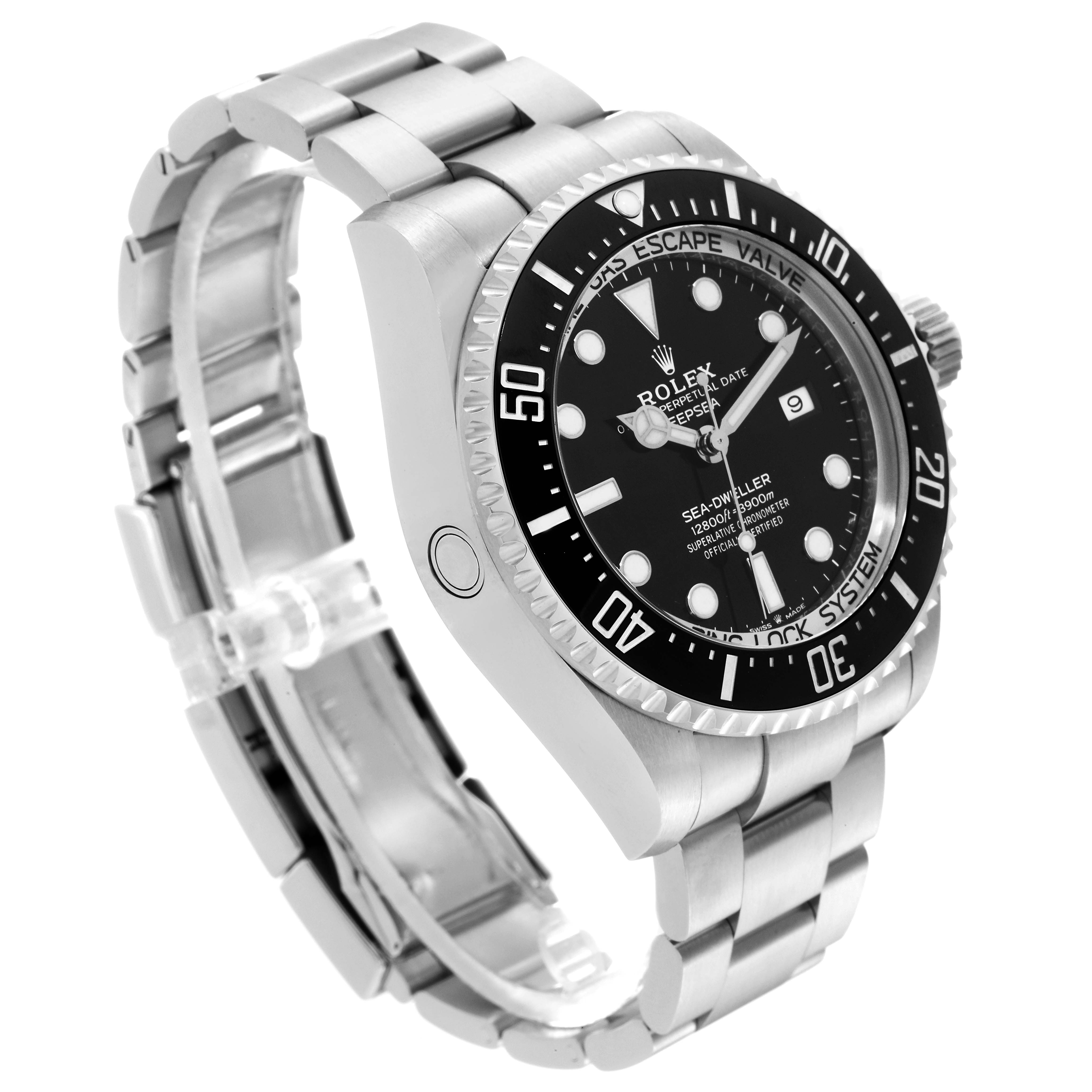 The image shows a side-angled view of a Rolex Sea-Dweller 126660 Men
s Stainless Steel Black Dial 126660 Men
s Stainless Steel Black Dial watch, highlighting its face, bezel, crown, and bracelet.