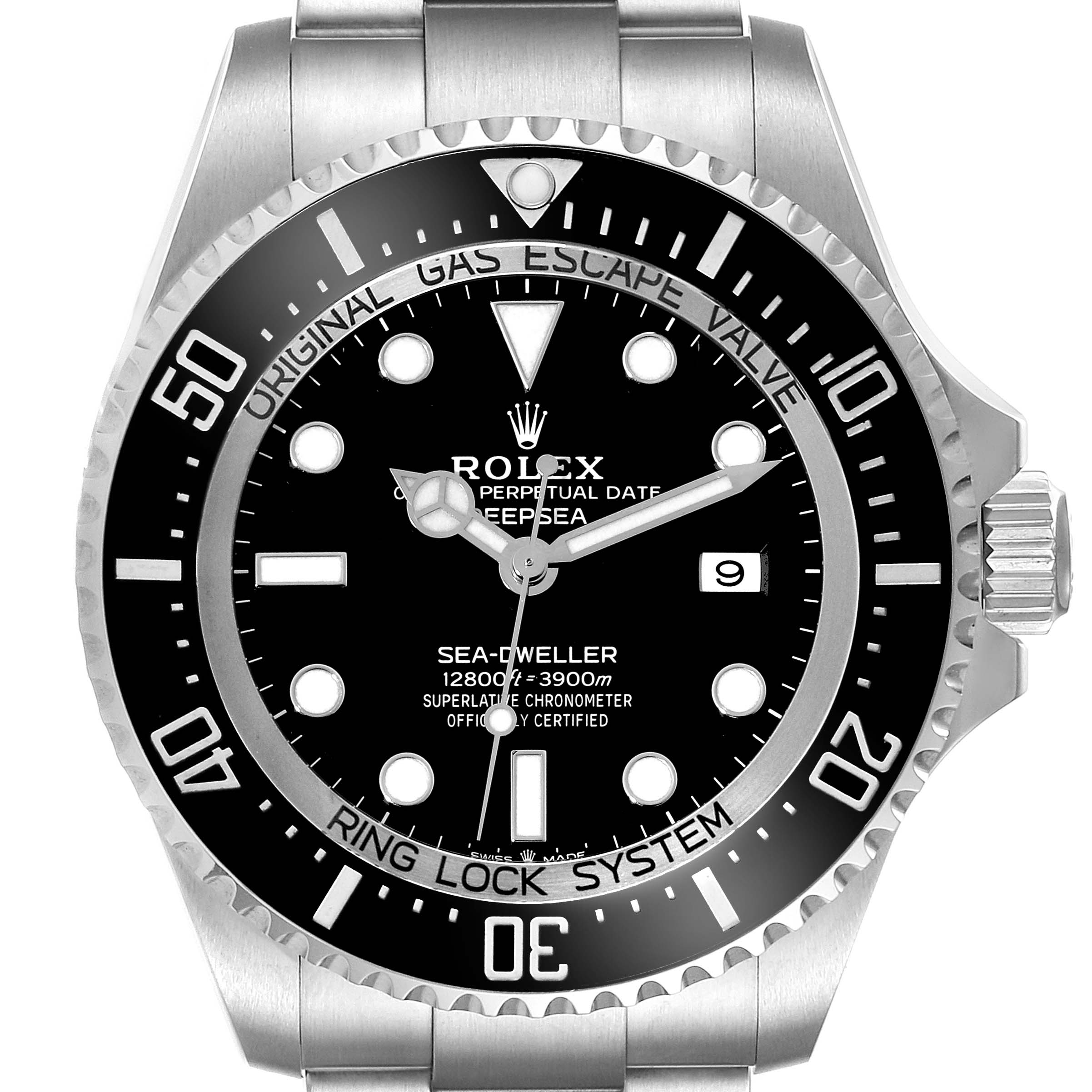 The image shows a front view of the Rolex Sea-Dweller 126660 Men
s Stainless Steel Black Dial 126660 Men
s Stainless Steel Black Dial watch, highlighting the dial, bezel, and part of the bracelet.