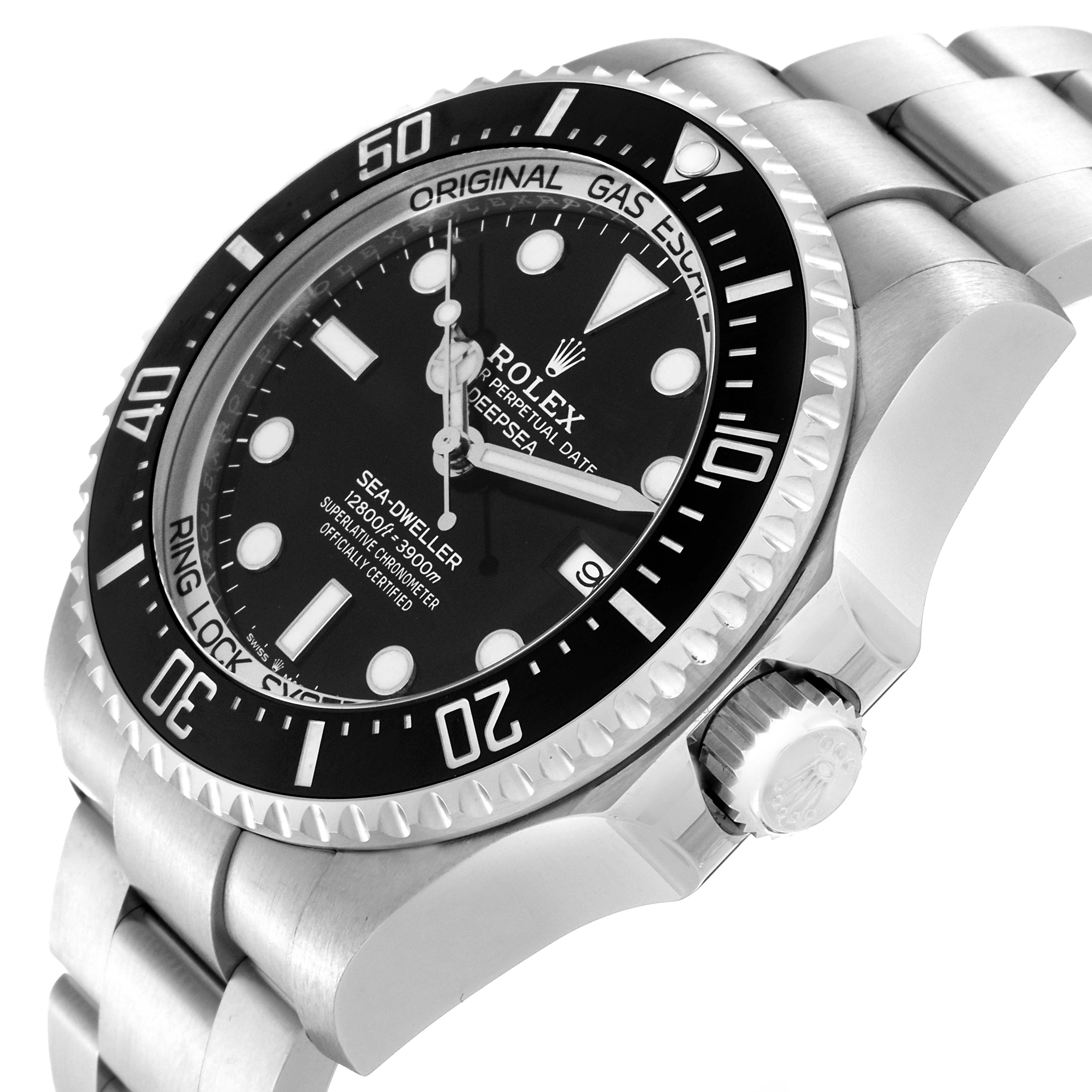 The Rolex Sea-Dweller 126660 Men
s Stainless Steel Black Dial 126660 Men
s Stainless Steel Black Dial watch is shown from a slight side angle, displaying its dial, bezel, crown, and bracelet.