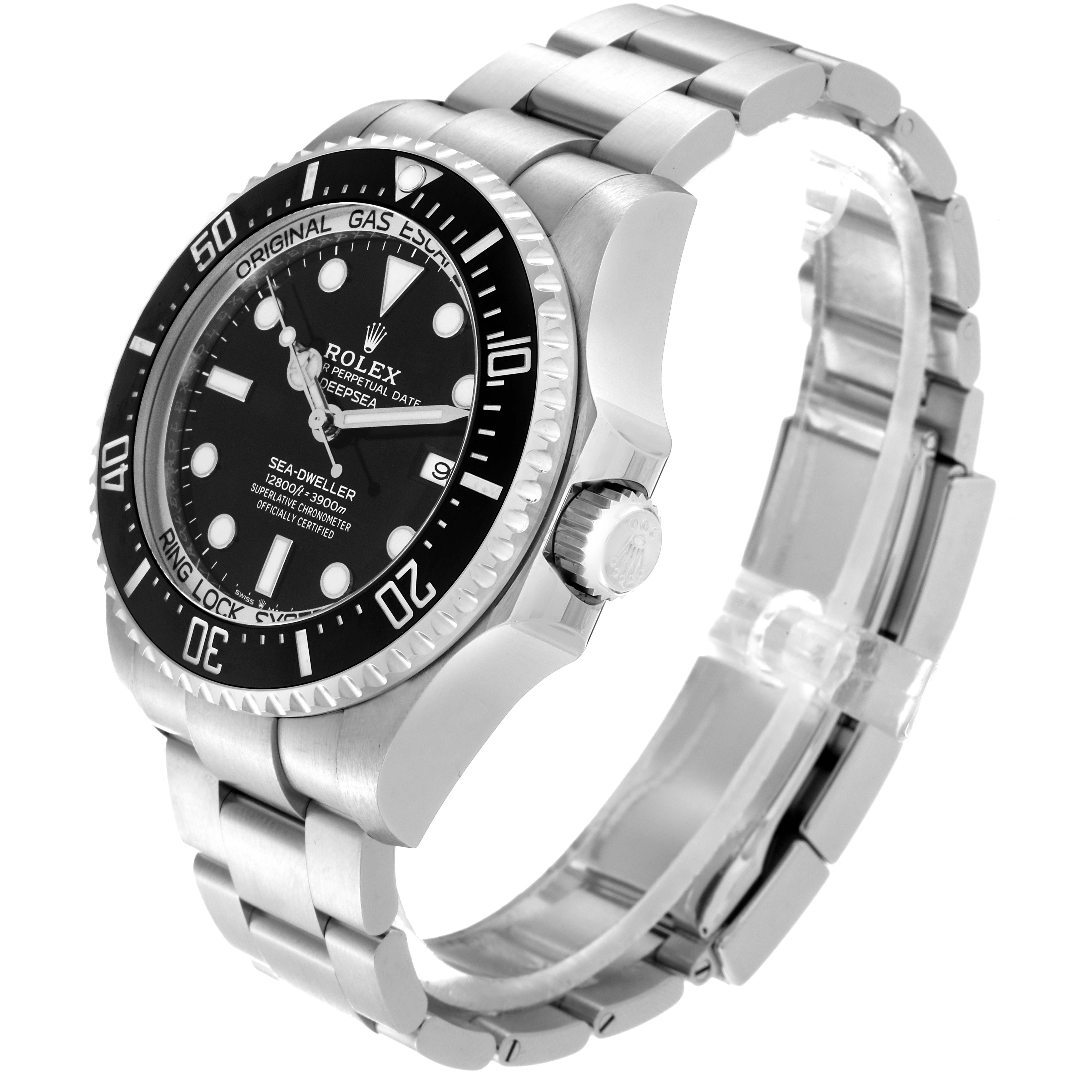The Rolex Sea-Dweller 126660 Men
s Stainless Steel Black Dial 126660 Men
s Stainless Steel Black Dial watch is shown at a side angle, highlighting the dial, bezel, crown, and stainless steel bracelet.