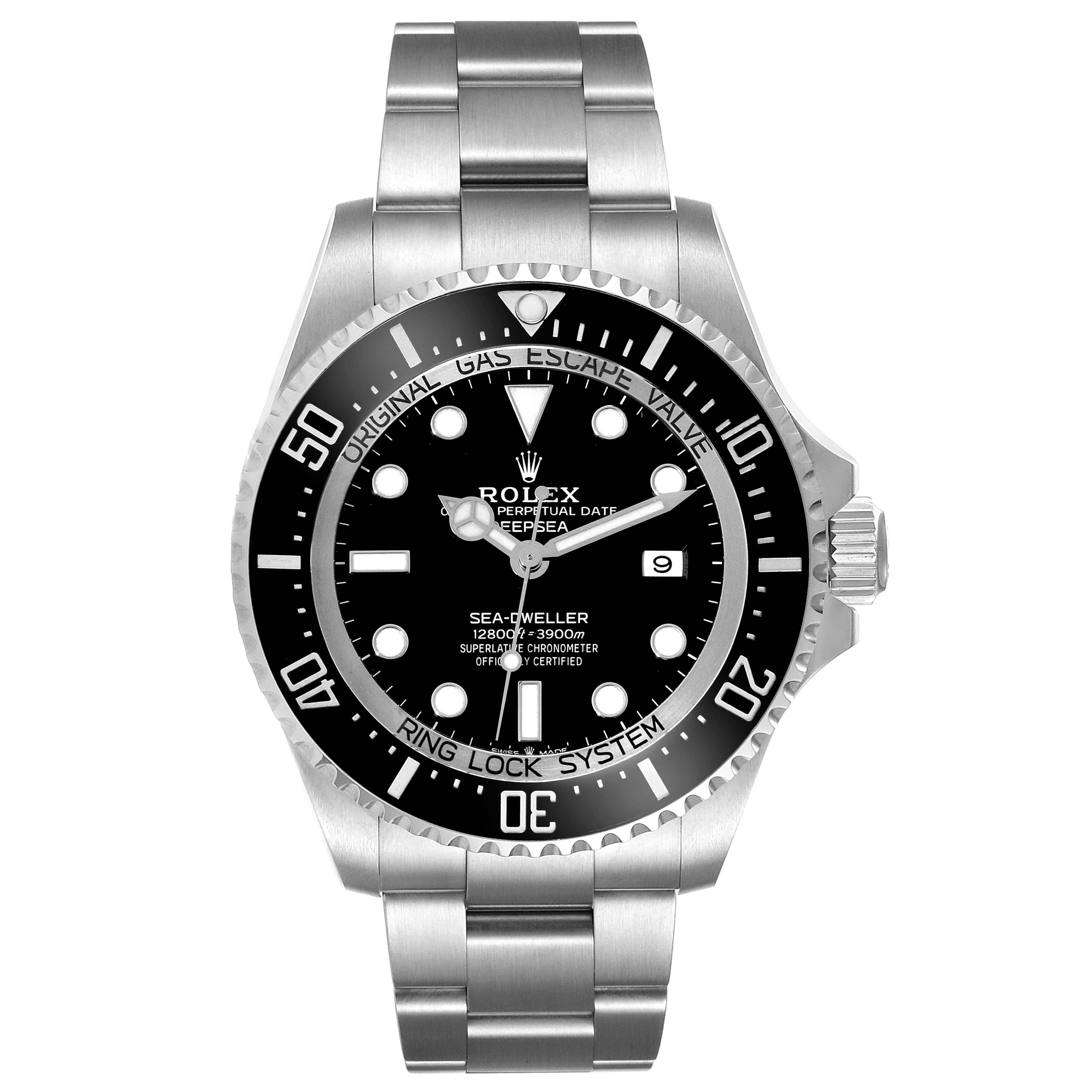 This image shows a front view of the Rolex Sea-Dweller 126660 Men
s Stainless Steel Black Dial 126660 Men
s Stainless Steel Black Dial watch, highlighting the dial, bezel, case, and bracelet.