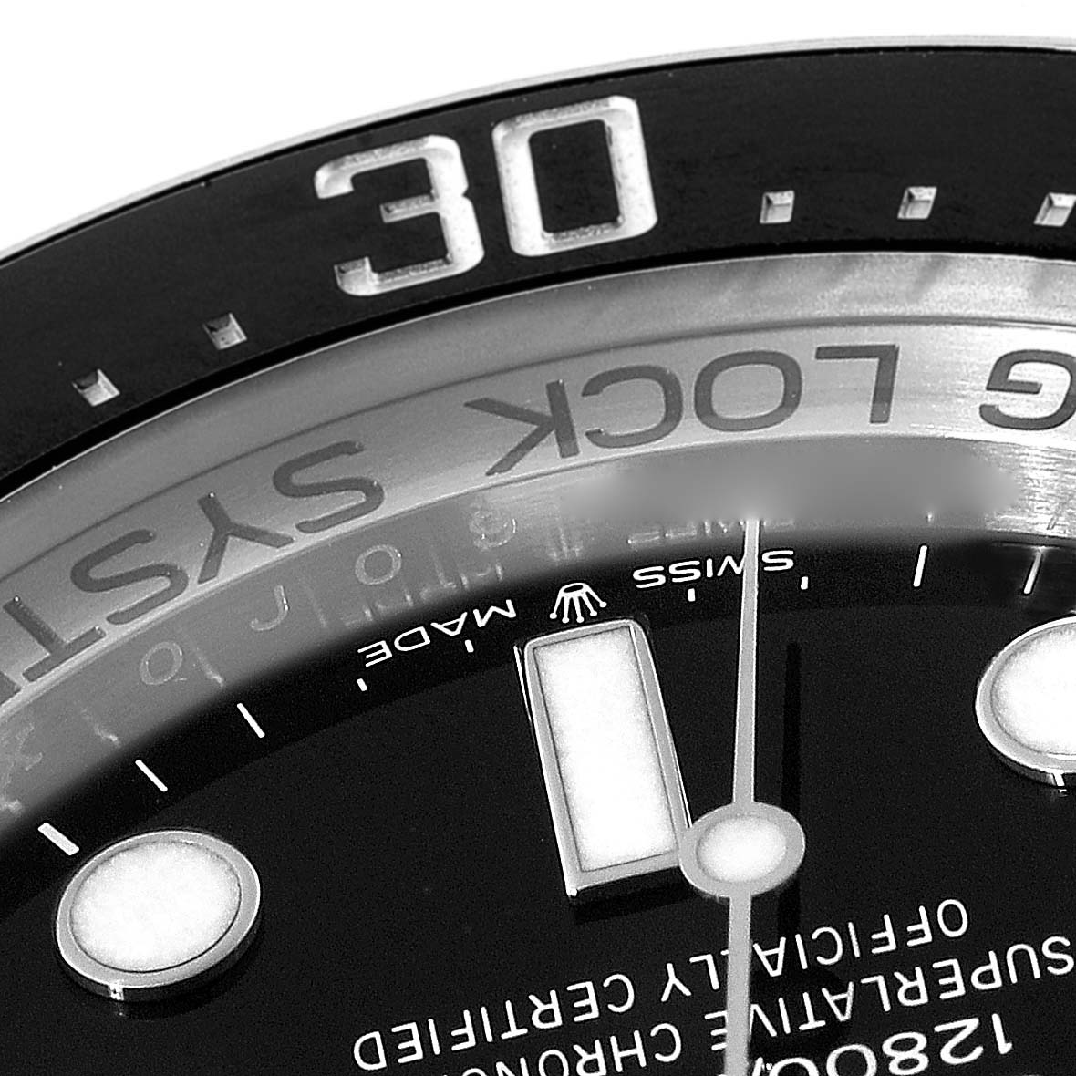 The close-up image shows the upper right section of the dial and bezel of a Rolex Sea-Dweller 126660 Men
s Stainless Steel Black Dial 126660 Men
s Stainless Steel Black Dial watch with the "30" indicator.